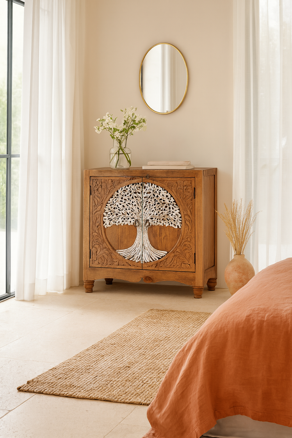 Lifestyle imagination of a carved mango wood furniture cabinet with Tree of Life design and whitewashed finish, 90 × 40 × 90 cm.