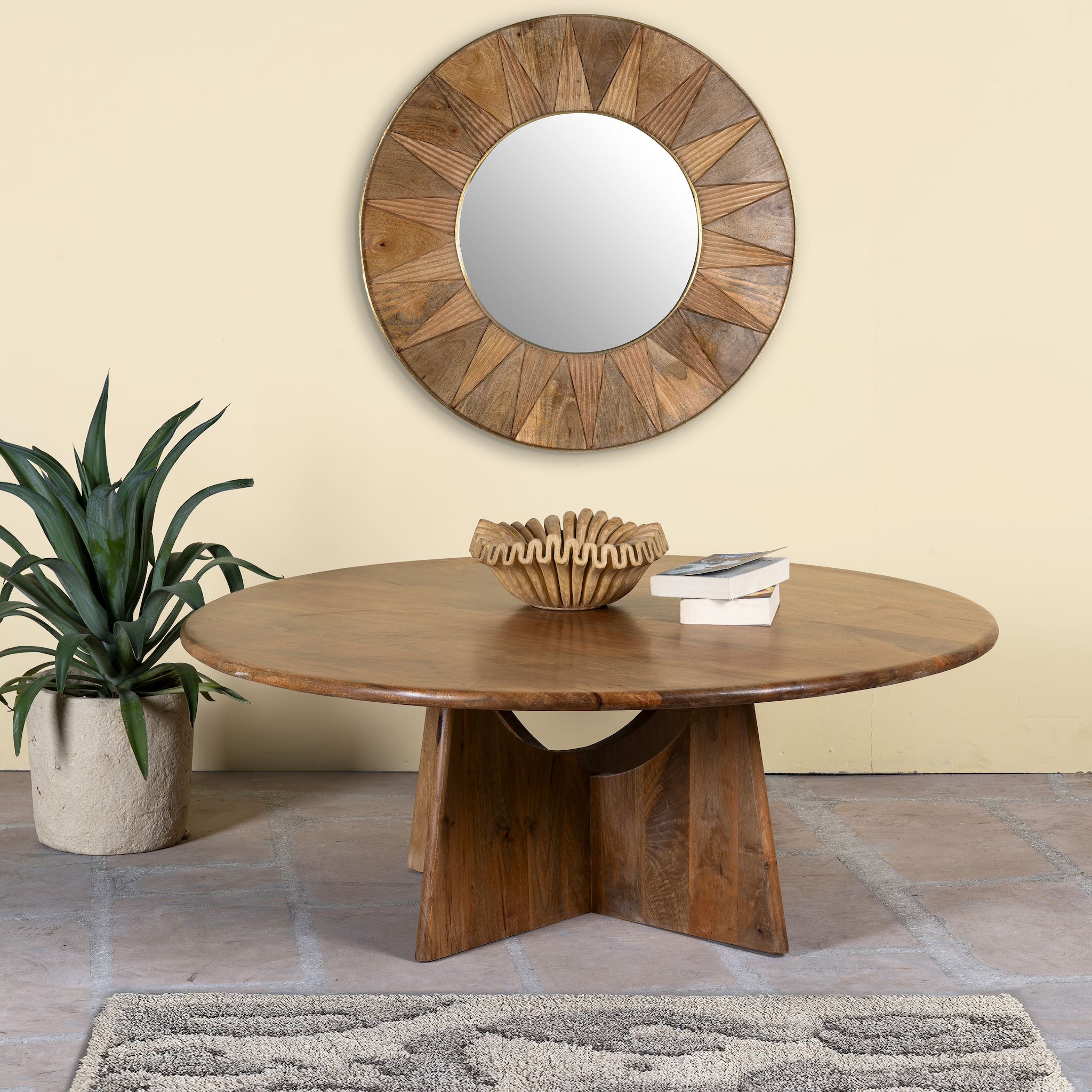 Round mango wood coffee table with rustic finish and cross-base design, Dia 120 × H 45 cm, living room furniture.