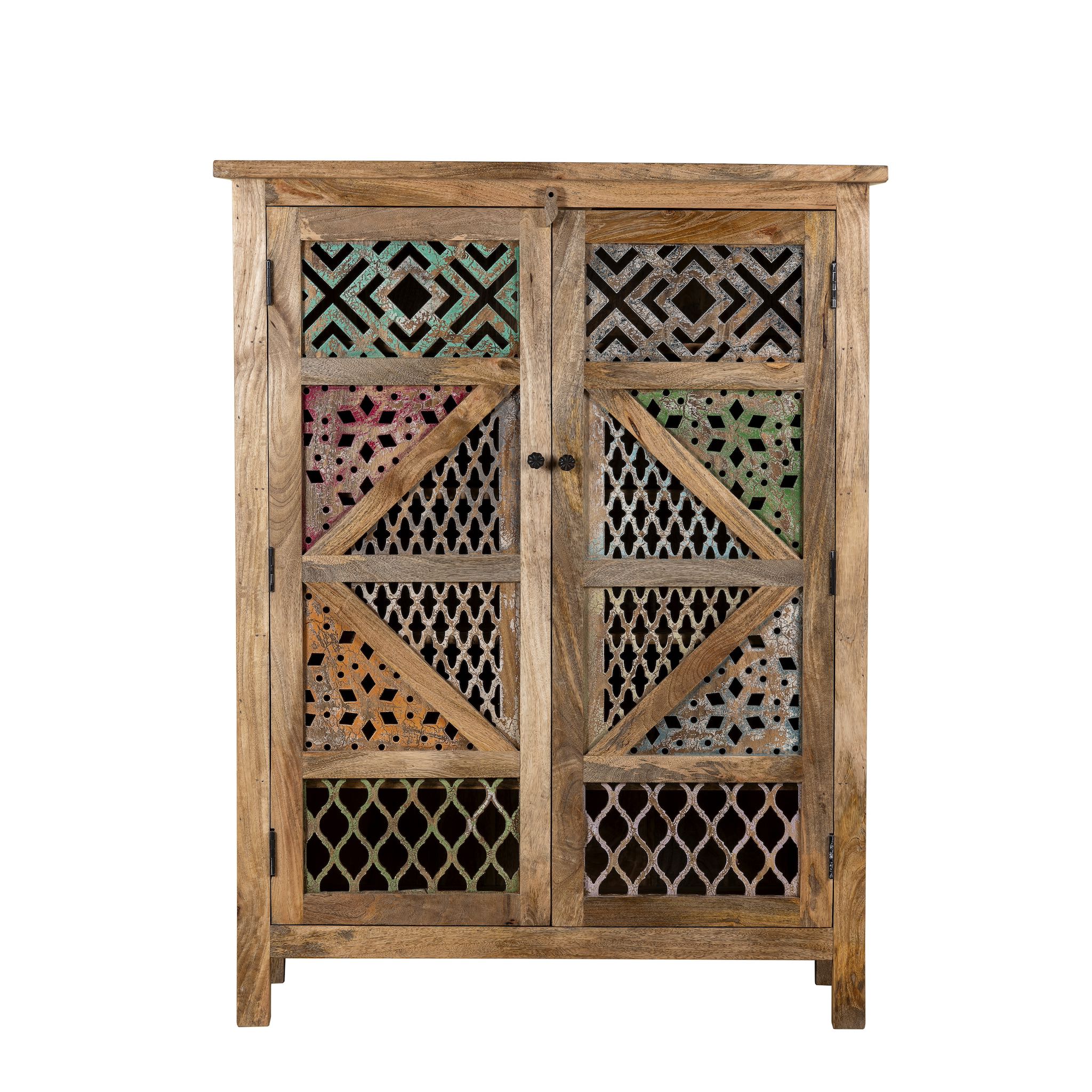 White background image of a handmade mango wood cabinet with carved floral and geometric lattice doors, distressed colour accents; artisanal furniture perfect for boho style interiors, 100 × 45 × 130 cm.