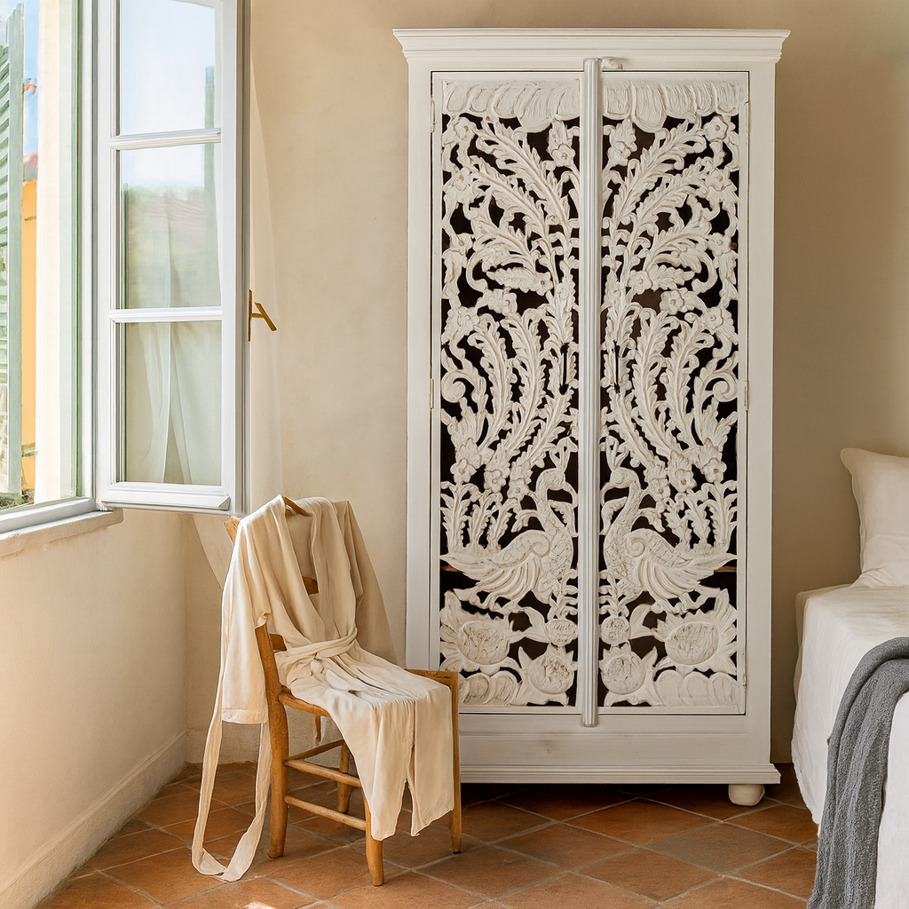 Hand-carved mango wood wardrobe with peacock and floral motifs, whitewashed finish; elegant wooden wardrobe and mango wood furniture, 190 × 100 × 40 cm.