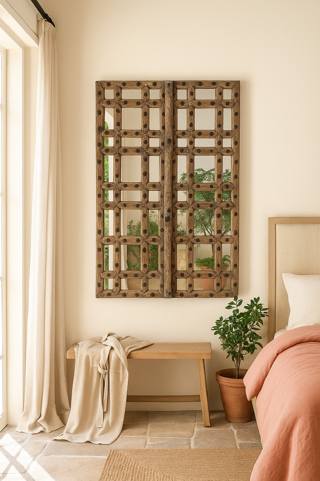 Liefestyle image of a reclaimed teakwood mirror crafted from an antique Indian door panel, featuring iron accents and mirror inlays – ideal for vintage home decor and heritage-inspired interiors.