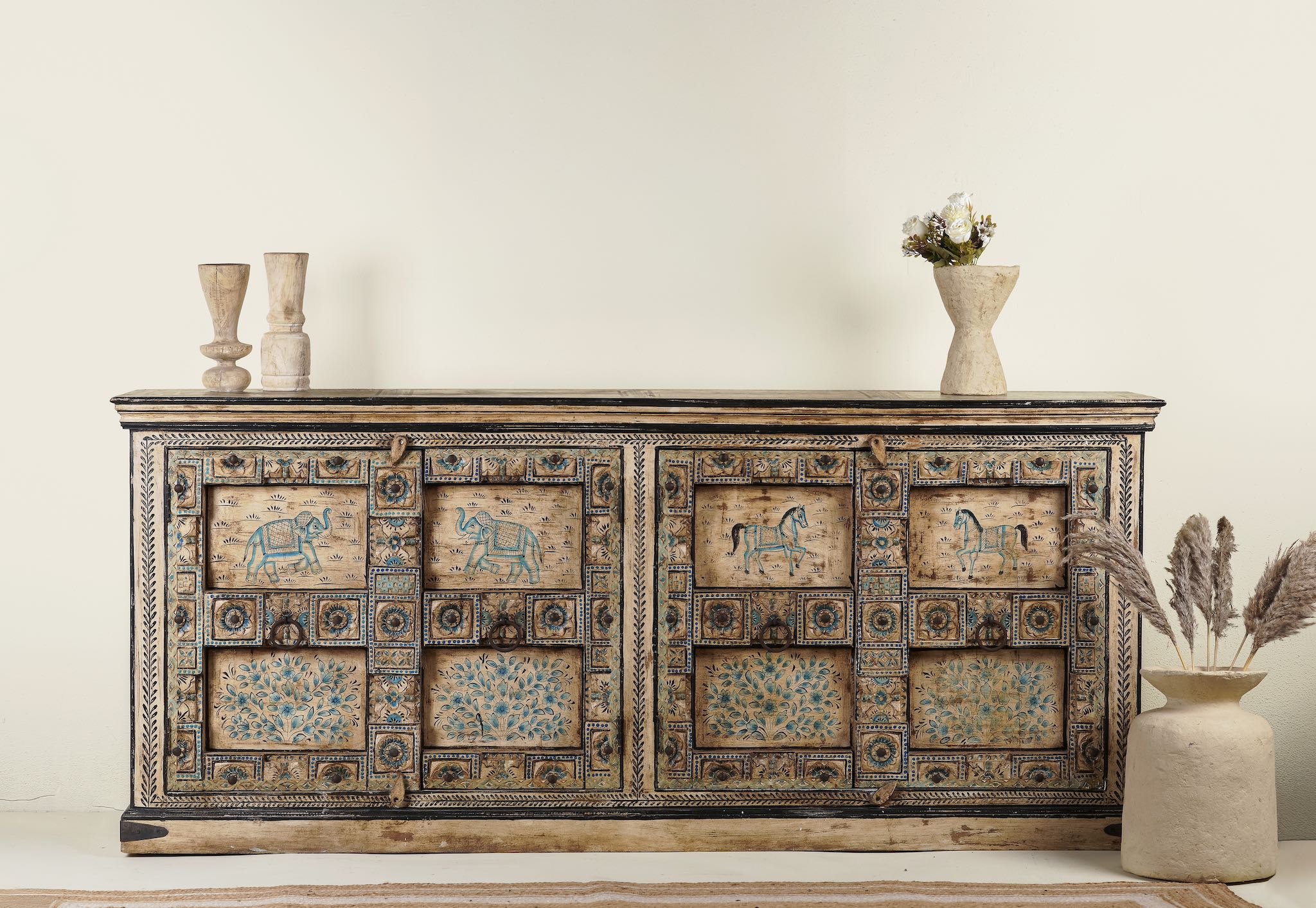 Hand-painted teak wood sideboard Deepika, inspired by Indian home decor with elephants, horses, and floral motifs, bohemian interior furniture, 220 × 44 × 98 cm.