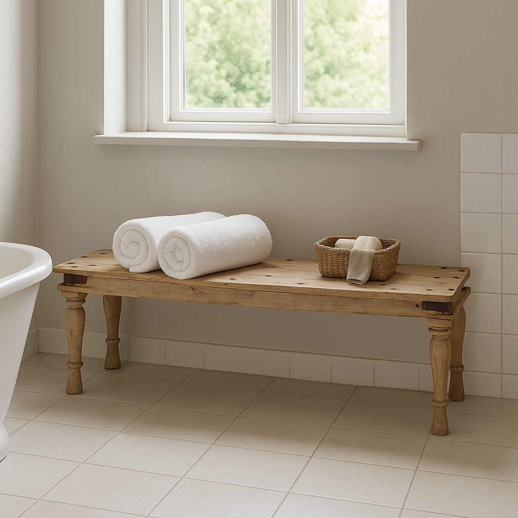 Lifestyle imagination of a sandblasted reclaimed teak bench with turned legs, rustic finish; unique teak furniture, 152 × 40 × 44 cm.