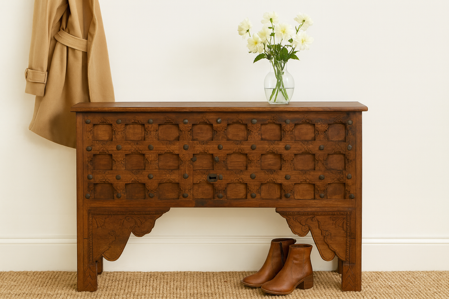 Lifestyle imagination of a teak wood console table made from antique Indian door parts; sustainable old door furniture, 183 × 95 × 45 cm.