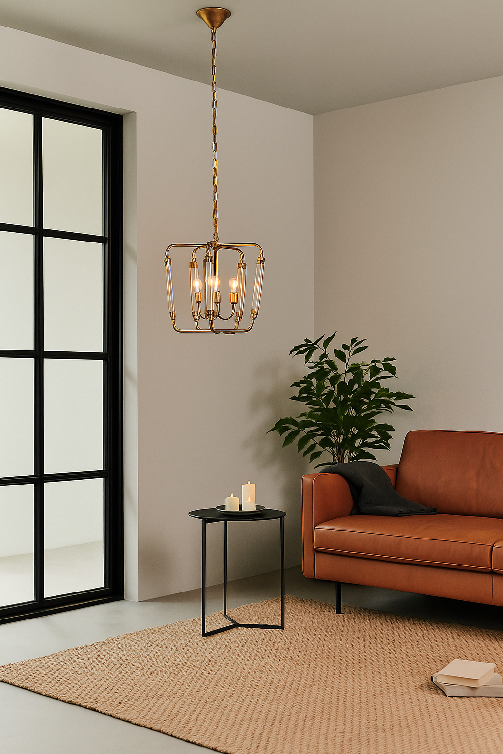 Lifestyle image of a large round pendant lamp in antique brass with test tube glass – minimalistic style pendant light combining vintage metal lighting and elegant glass accents.