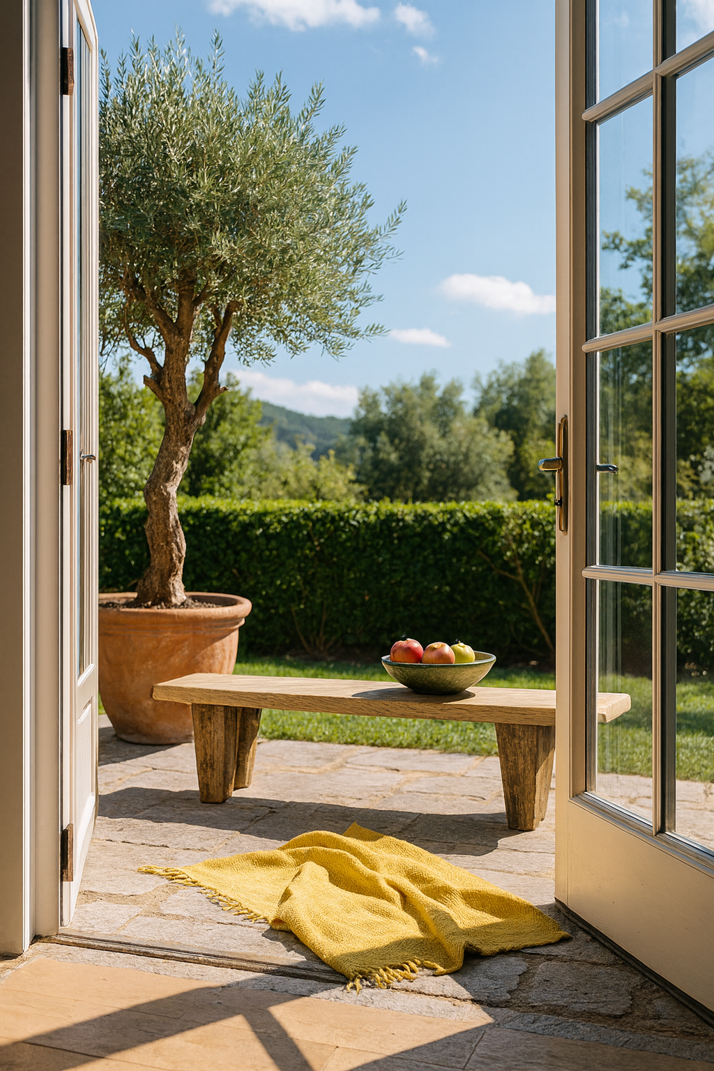 Lifestyle imagination of a rustic teak bench made from reclaimed antique wood, restored natural finish; sustainable furniture, 160 × 52 × 40 cm.