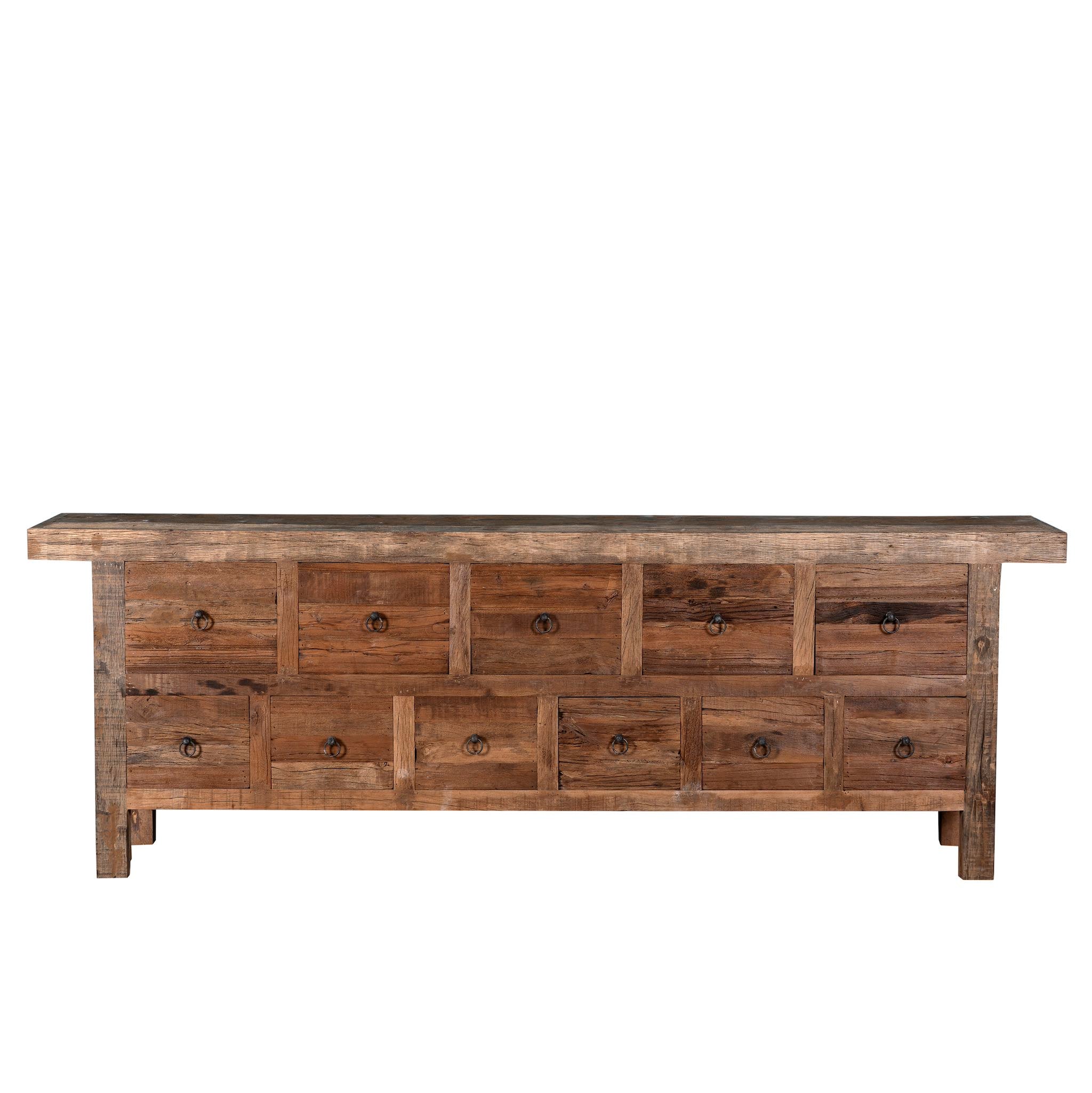 White background image of a reclaimed wood console table with rustic finish, multiple drawers, and iron ring pulls; sustainable furniture with driftwood charm, 250 × 40 × 85 cm.