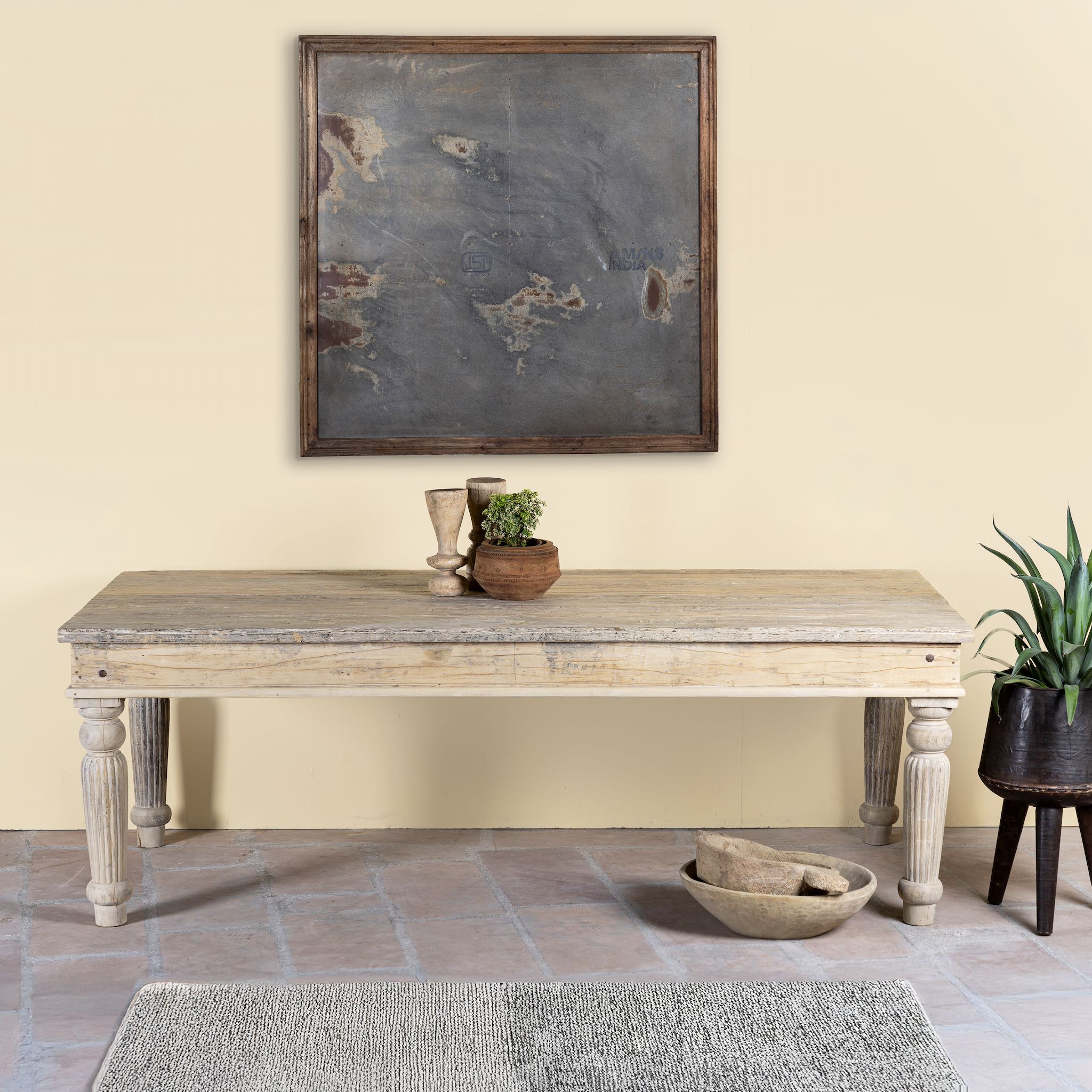 Sandblasted reclaimed wood dining table with carved legs, sustainable dining room furniture, 220×100×75 cm.