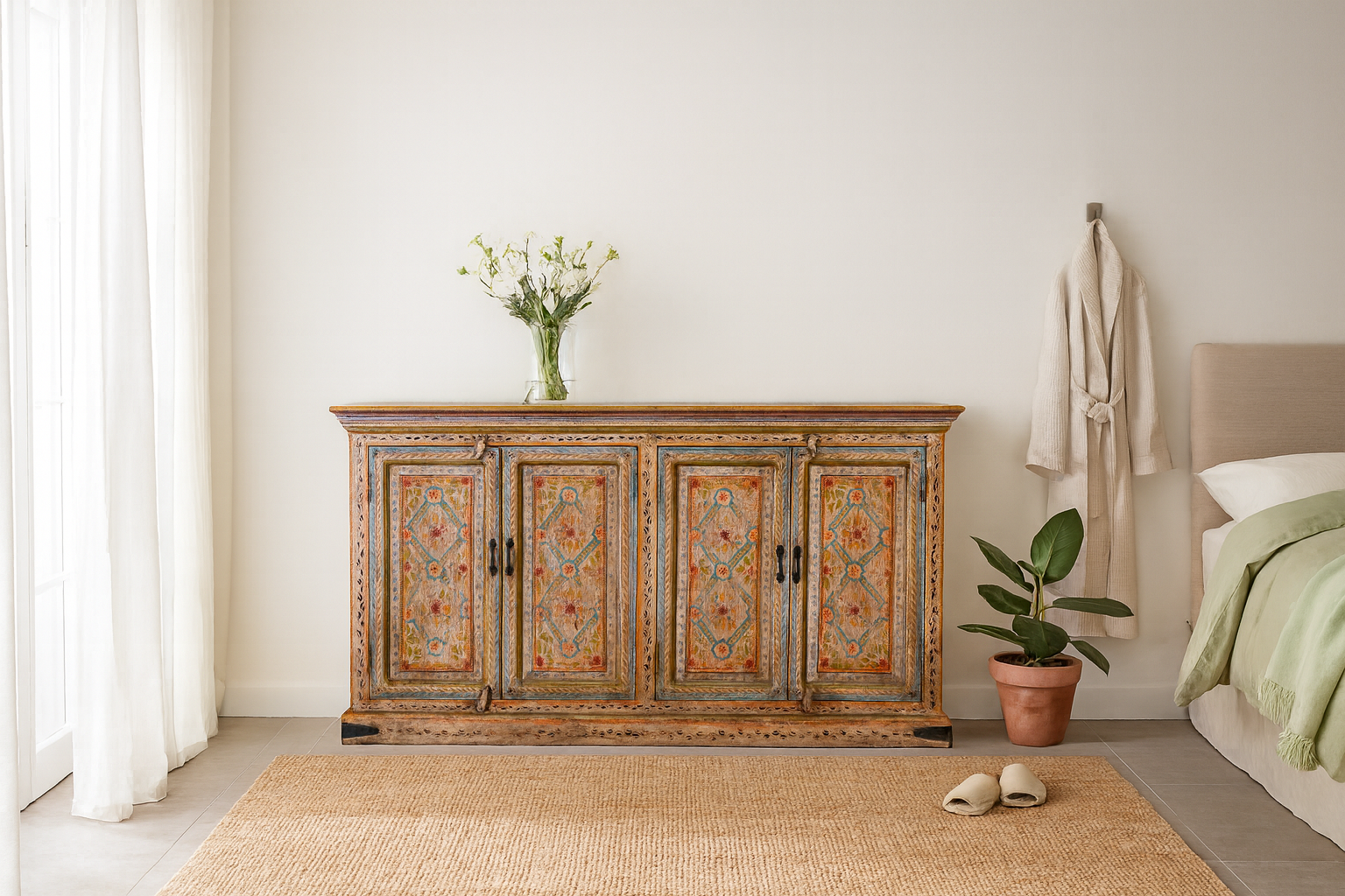 Lifestyle imagination of a hand painted wooden dresser with floral and geometric motifs, reclaimed wood living room furniture in vintage boho style, 170 × 45 × 95 cm.