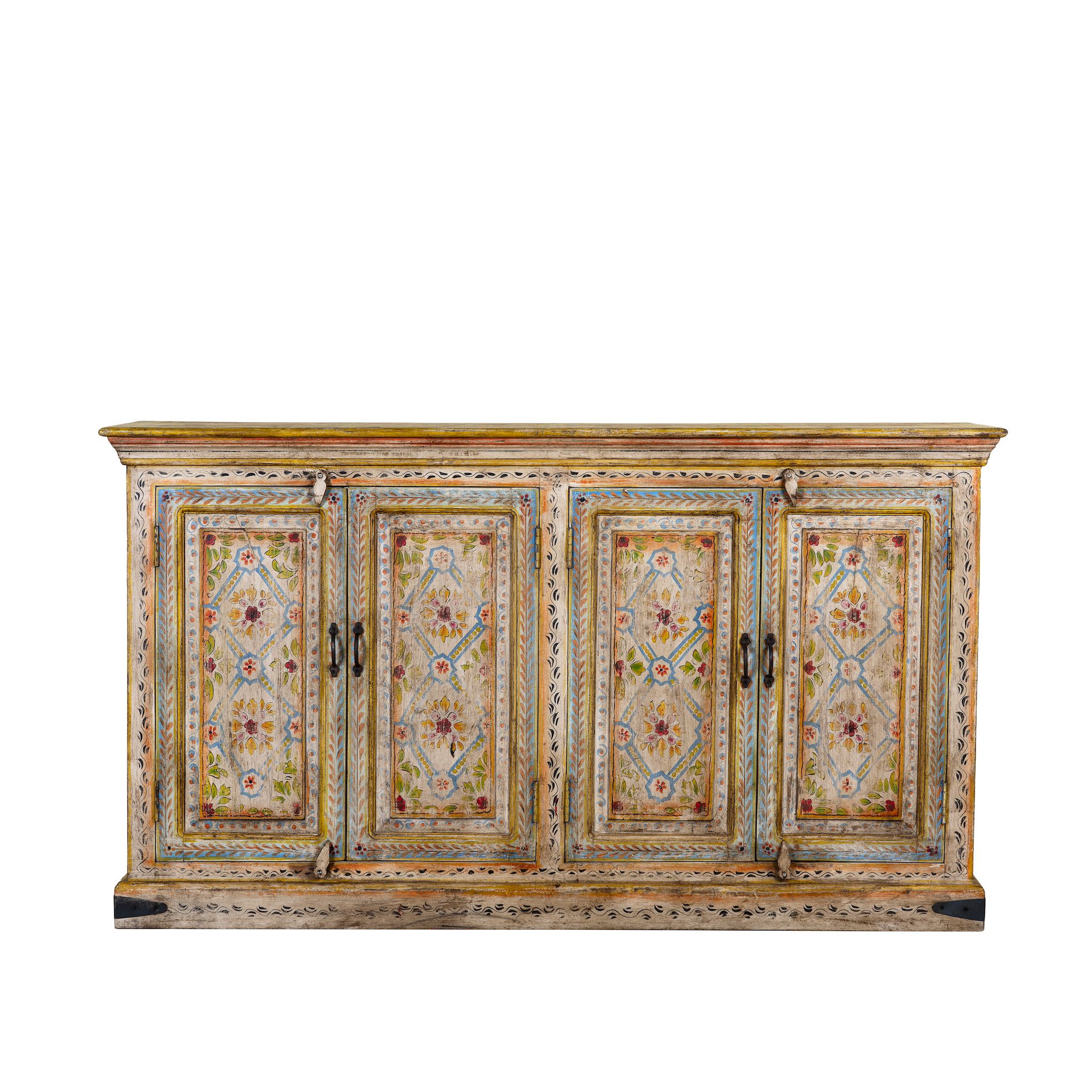 White background image of a hand-painted reclaimed wood sideboard with floral motifs, a bold piece of vintage furniture for living room furniture collections.