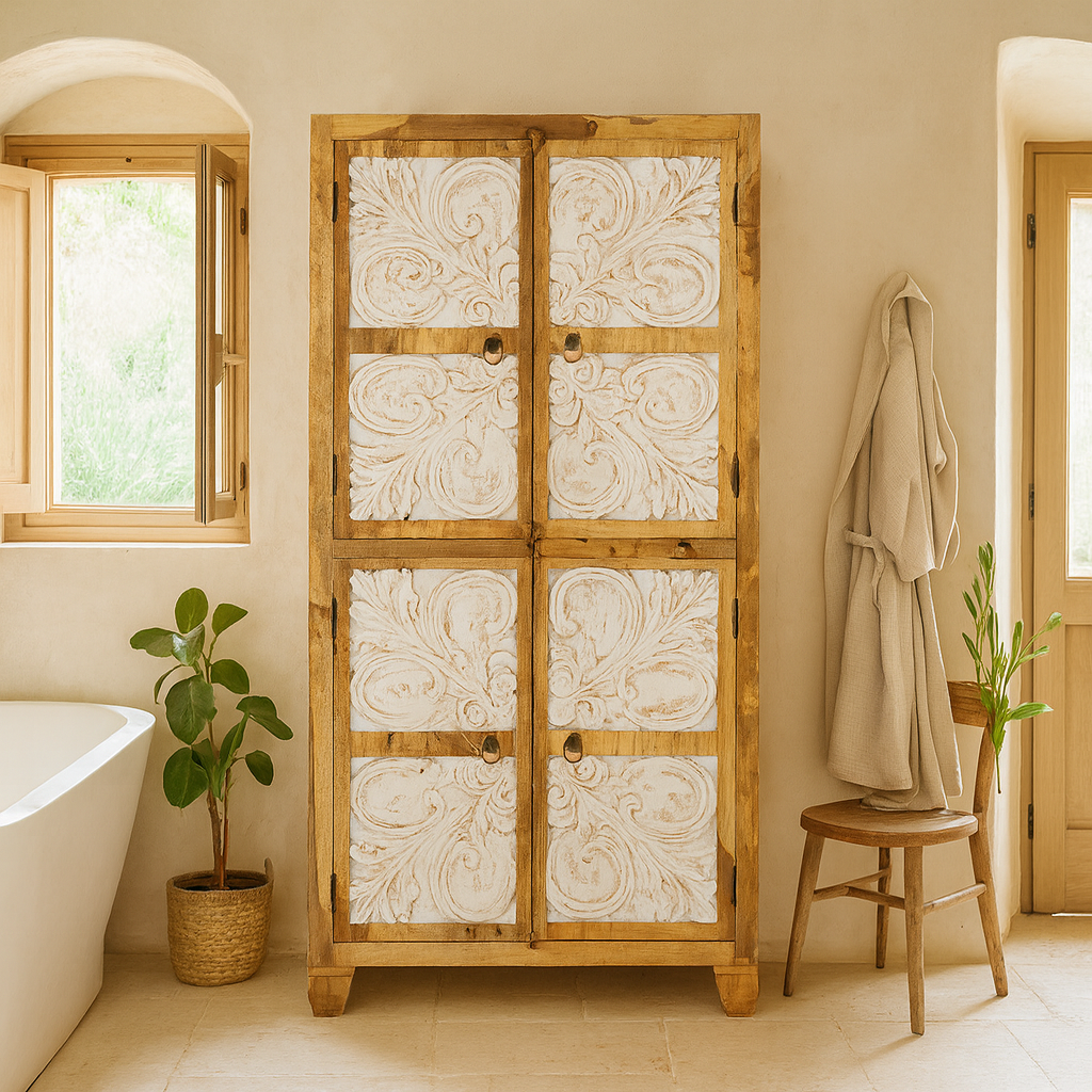 Lifestyle image of a hand-carved mango wood wardrobe with floral motifs and whitewashed finish; wooden wardrobe ideal for bedroom furniture, 90 × 180 × 40 cm.