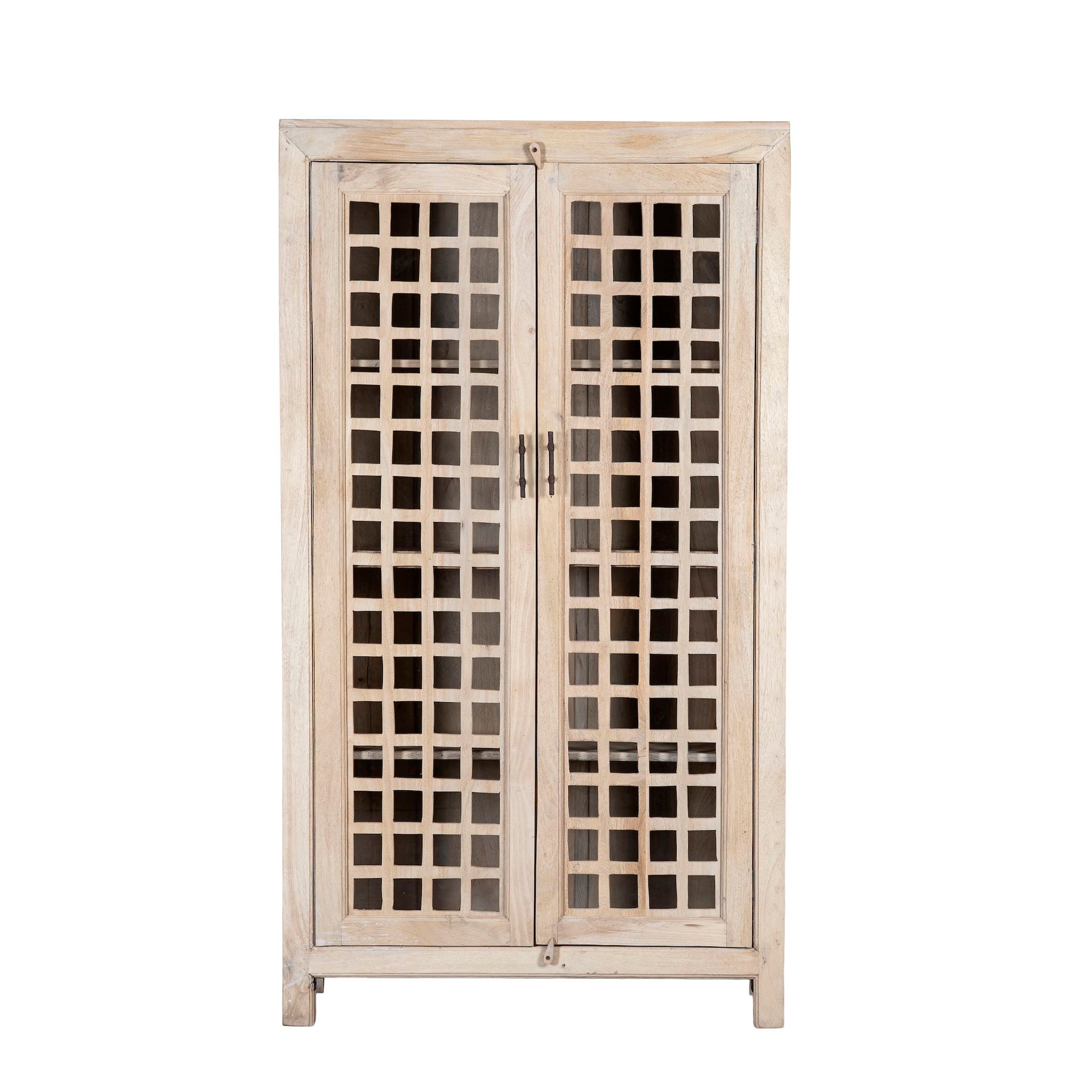 White background image of a sandblasted mango wood showcase with two glass-panelled grid doors and four interior compartments, finished in a light sun-washed tone, ideal as living room furniture.