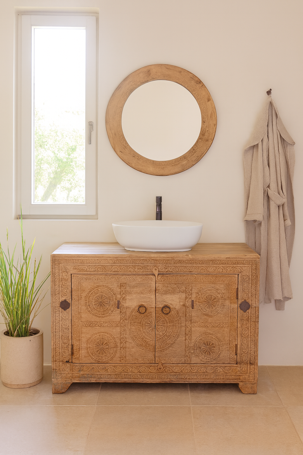 Bathroom with wooden vanity, round mirror, and plant