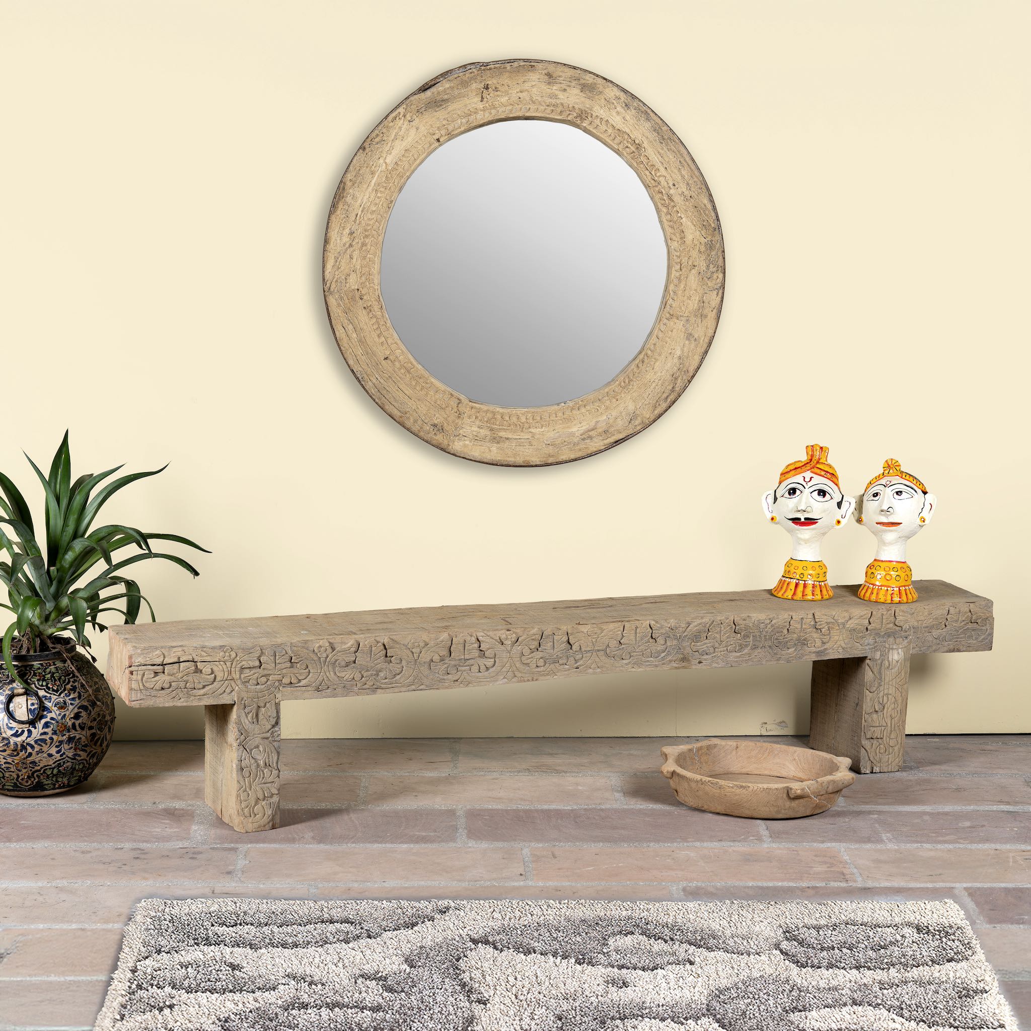 Reclaimed teak wood bench with hand-carved details; rustic teak wood benches for dining, hallway, or bedroom use, 180 × 30 × 40 cm.