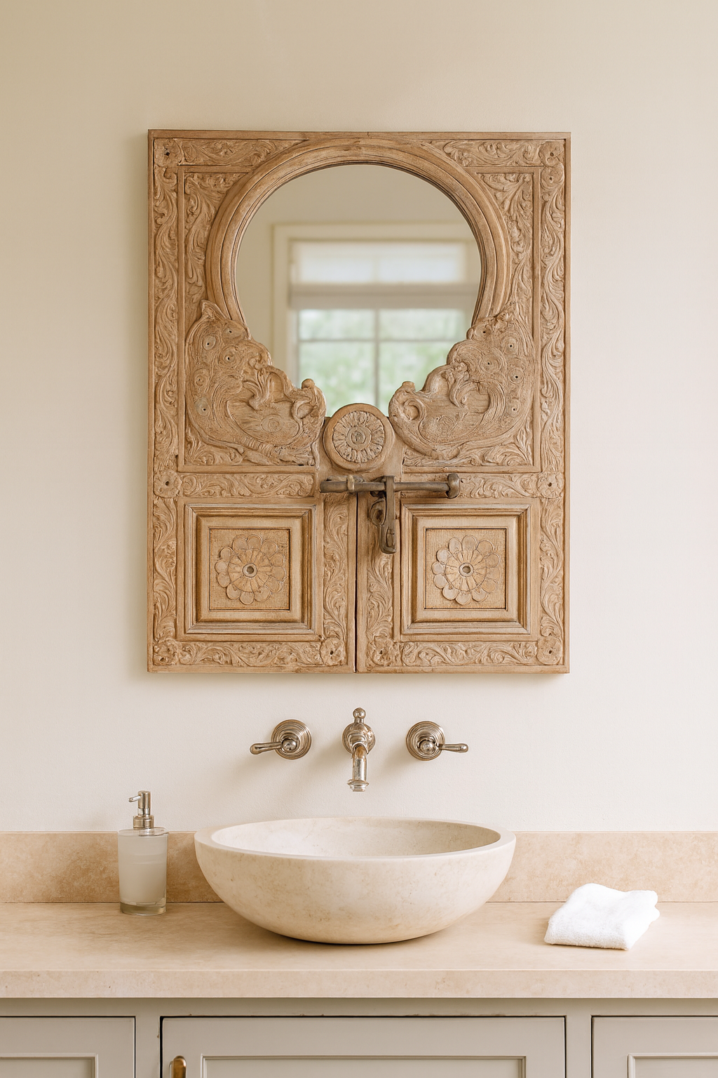 Lifestyle imagination of a handcarved teak wood mirror made from an antique Indian window frame with brass lock; unique wooden furniture, 60 × 70 cm.
