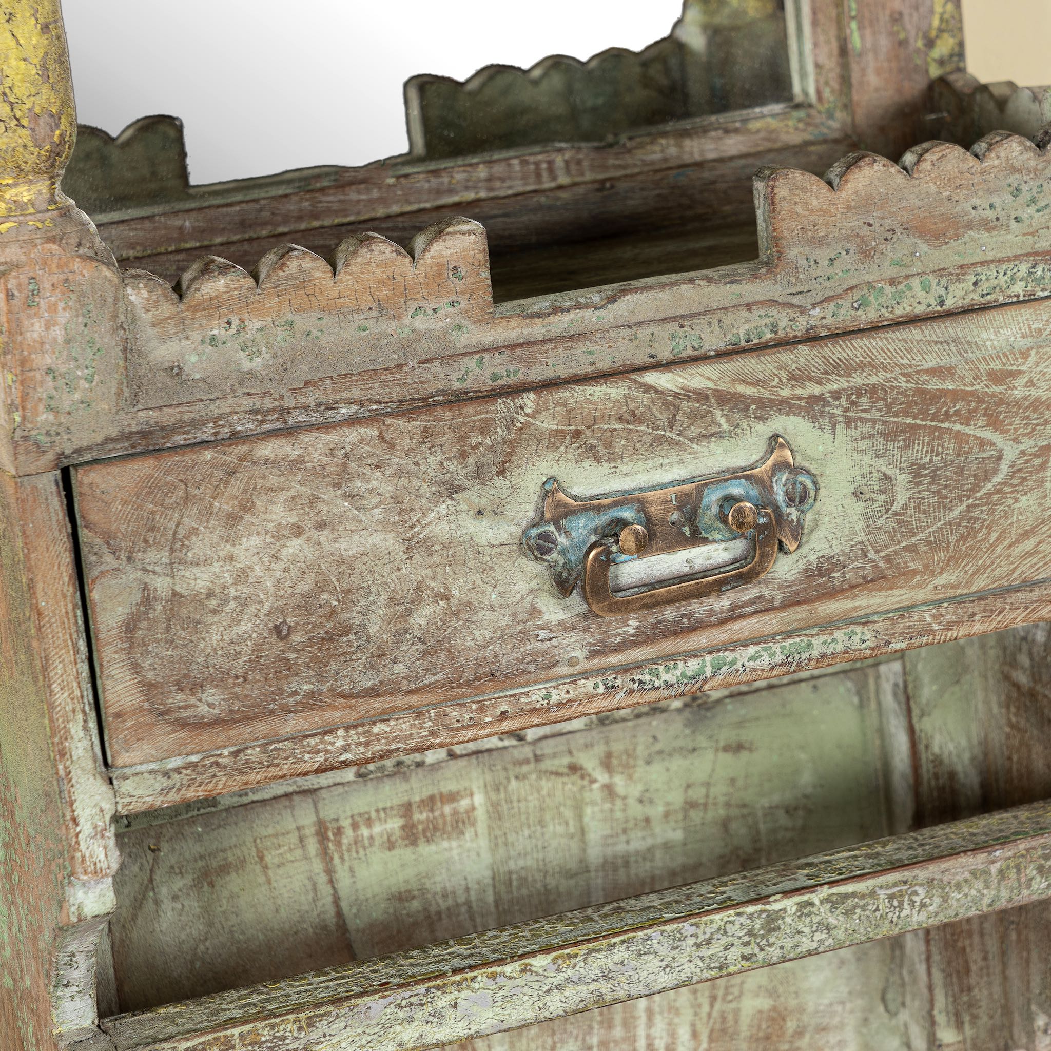 Close up image of a vintage wooden mirror cabinet made from reclaimed wood with drawer and shelf; rustic bathroom furniture, 40 × 25 × 65 cm.
