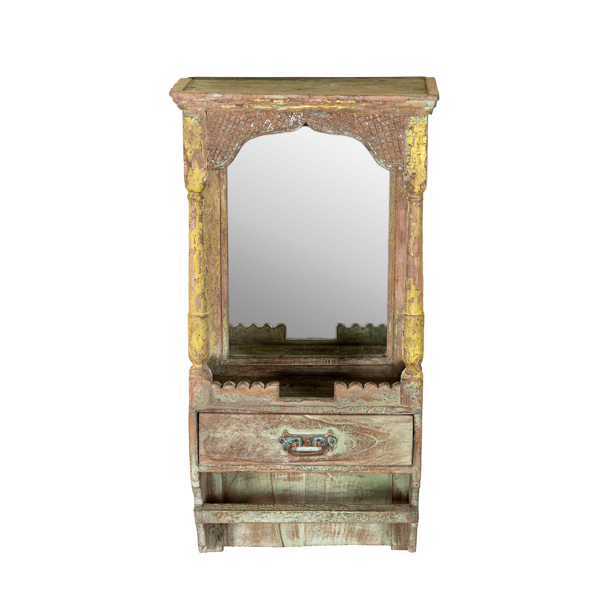 Vintage wooden mirror cabinet made from reclaimed wood with drawer and shelf; rustic bathroom furniture, 40 × 25 × 65 cm.