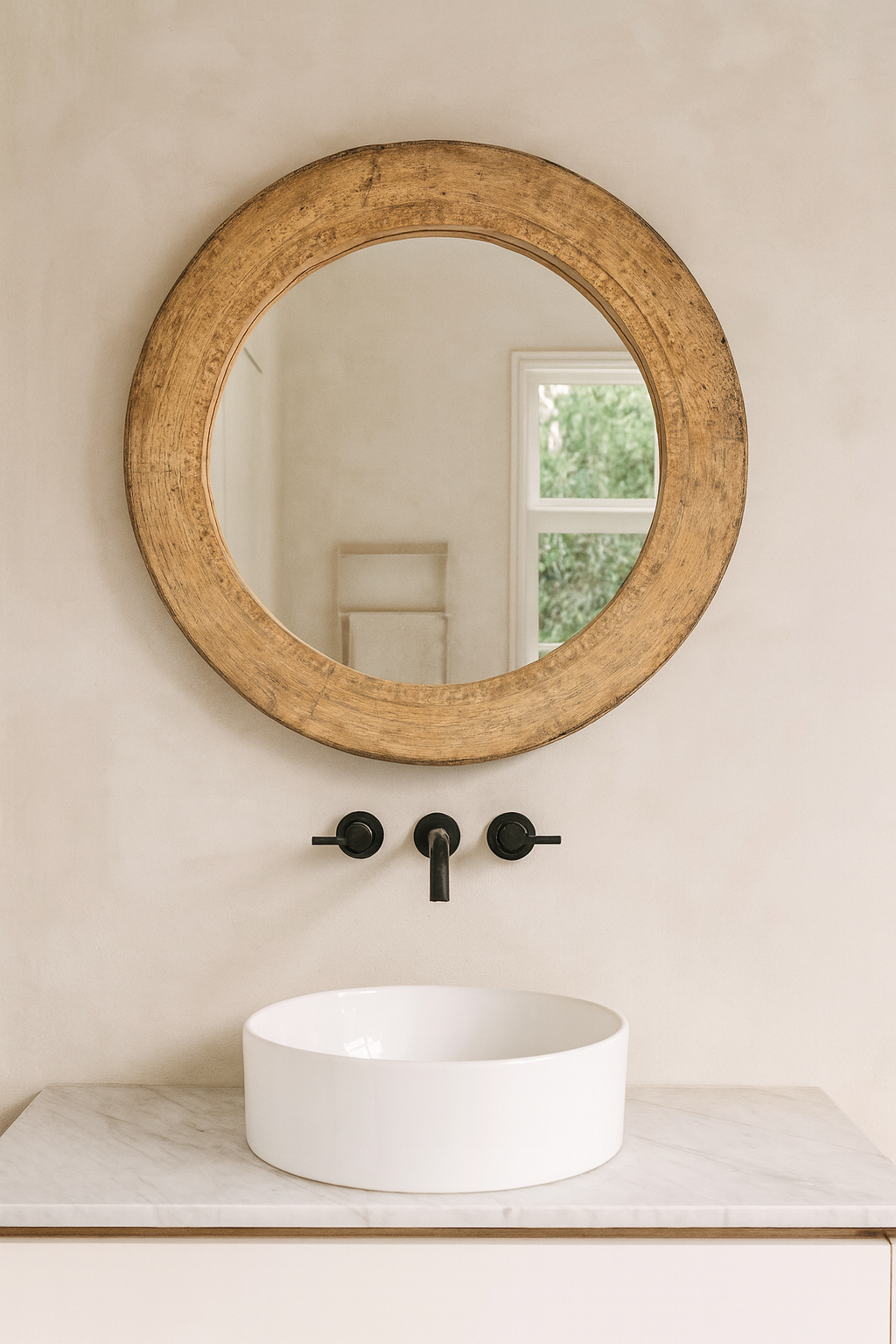 Lifestyle imagination for a round carved wooden mirror with reclaimed teak frame and rustic iron edging; Indian furniture online, 110 cm diameter, 8 cm deep.