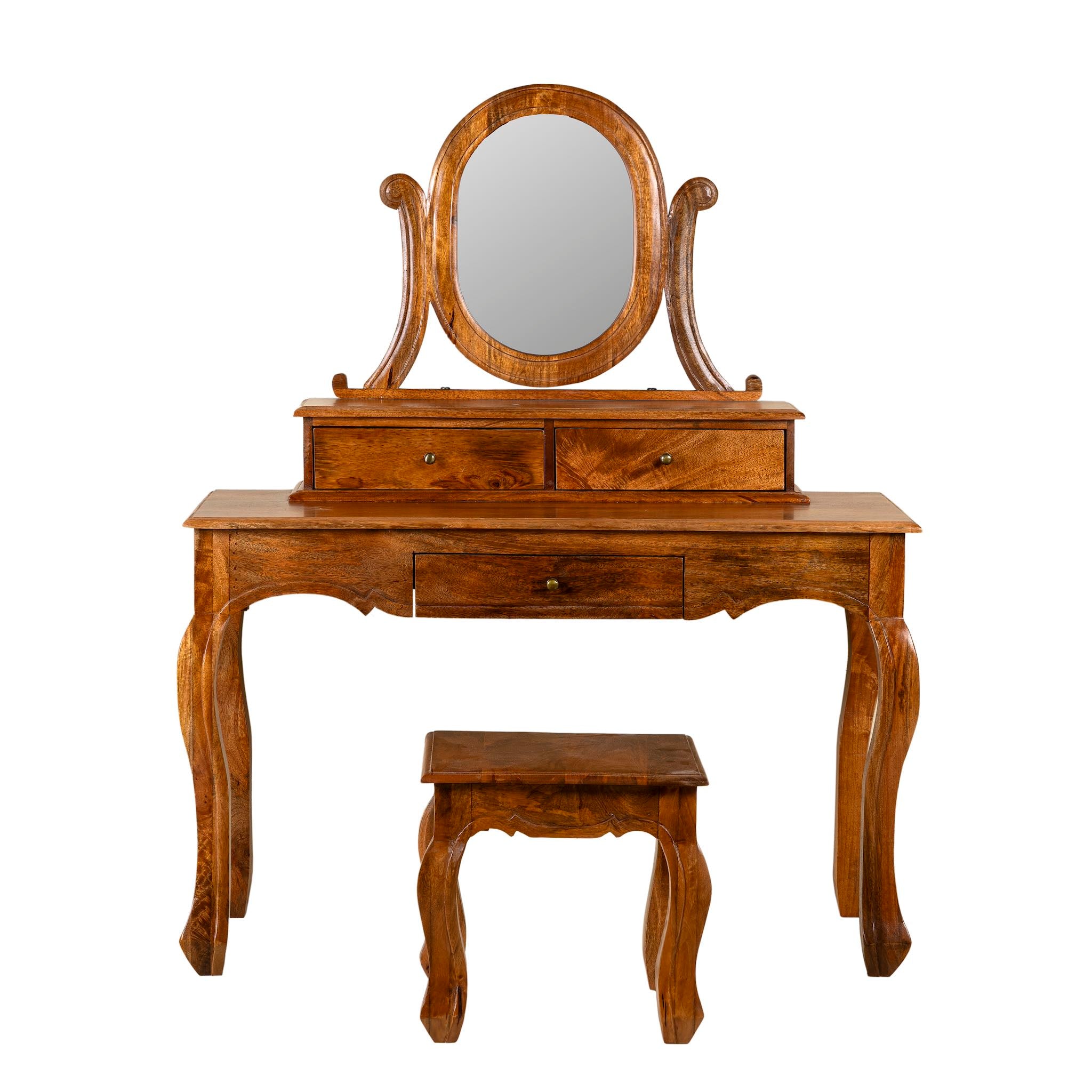 White background image of a wooden dressing table with mirror and matching chair, handcrafted mango wood table with drawers; vintage bedroom furniture, 110 × 50 × 145 cm.