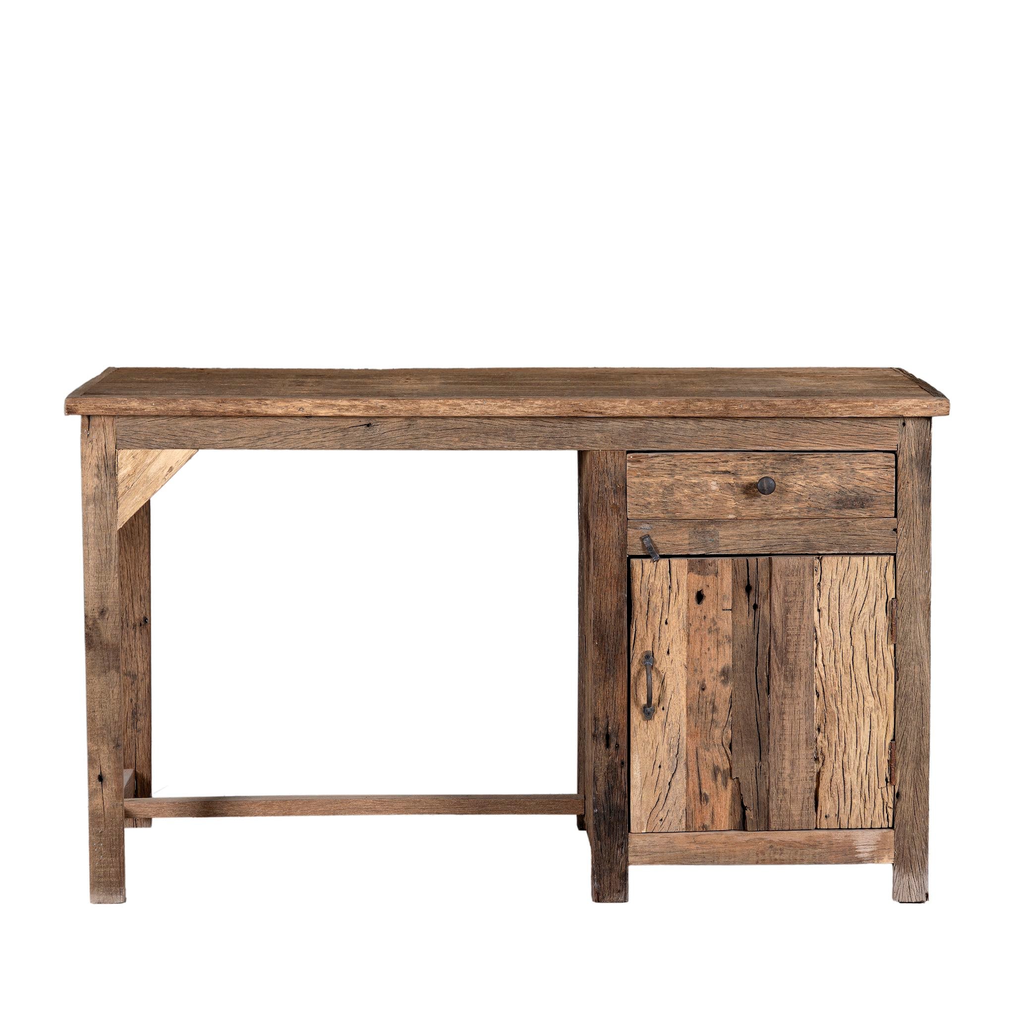 White background image of a rustic minimalist wooden desk made from reclaimed old wood with drawer and cabinet, 130 × 60 × 75 cm.