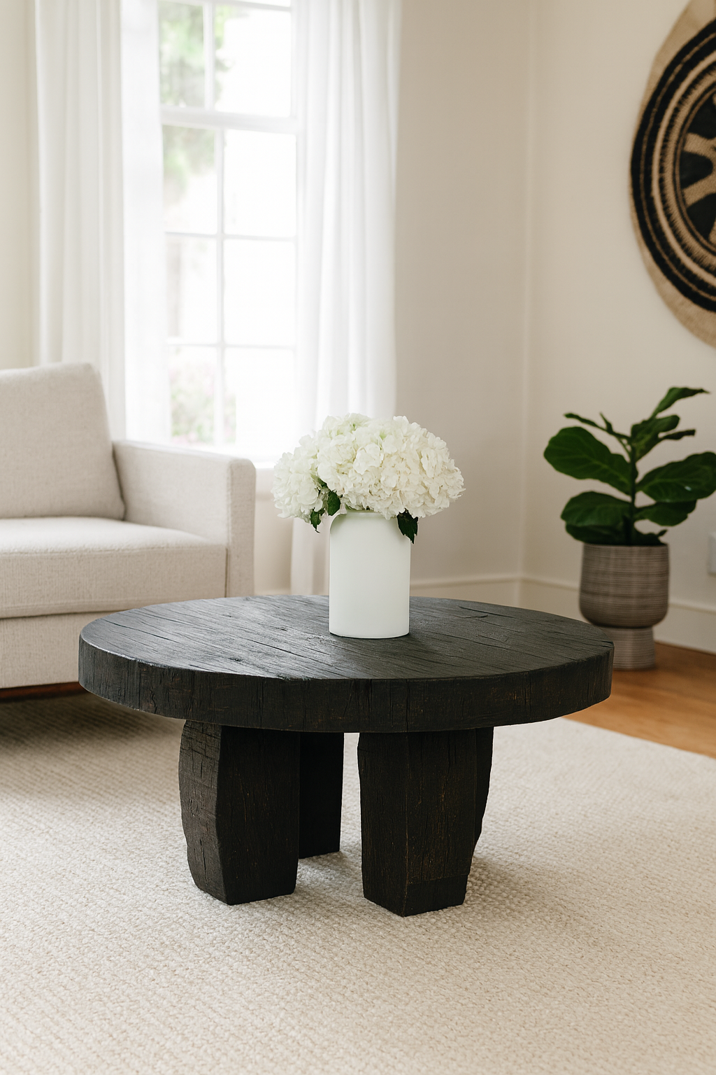 Lifestyle imagination of a rustic wood coffee table with round reclaimed teak top and black charred finish; sustainable furniture, 70 cm diameter, 40 cm height.