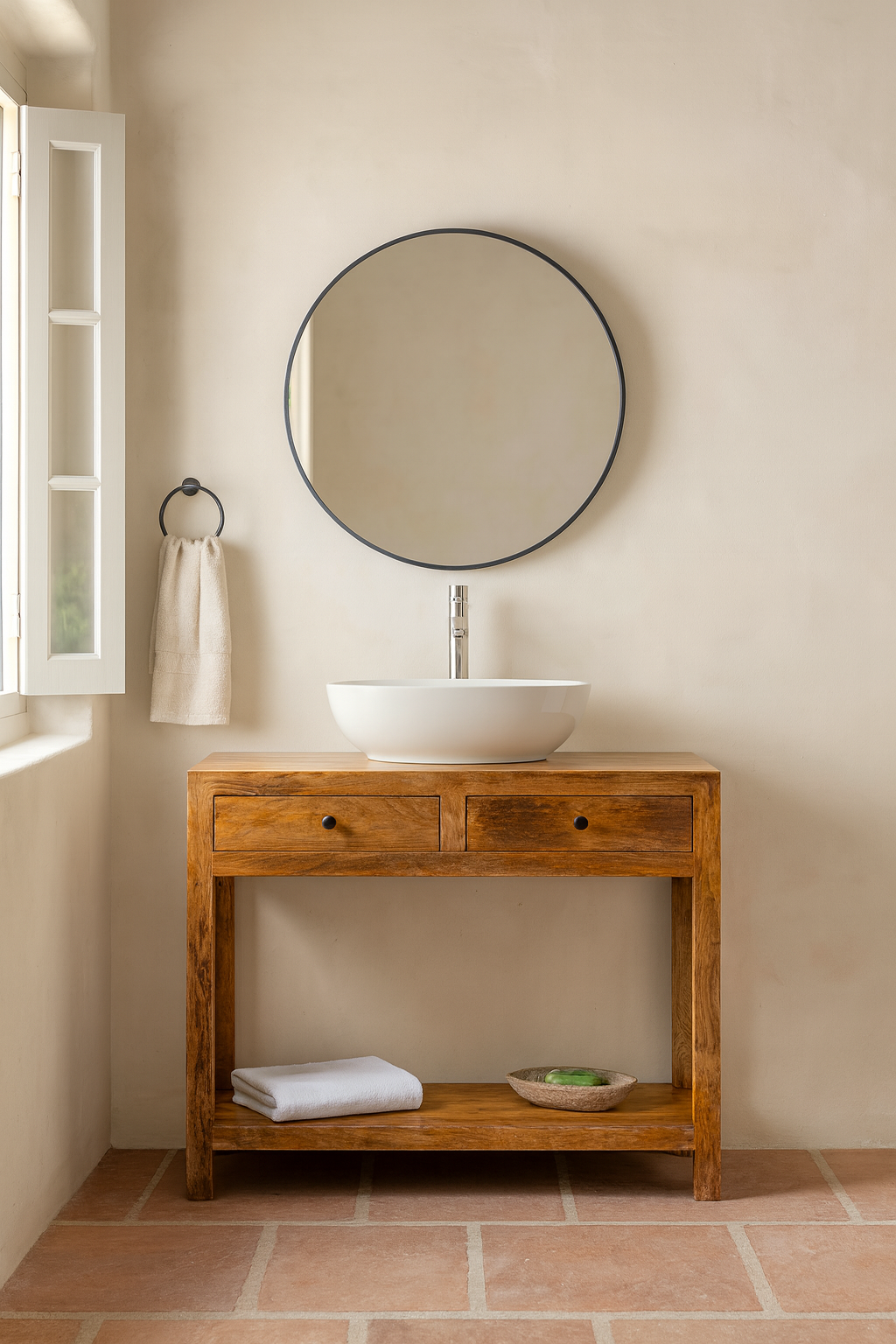 Lifestyle inspiration for a Ibiza style Mango wood console table with two drawers and bottom shelf, warm natural finish, 100 × 40 × 90 cm.