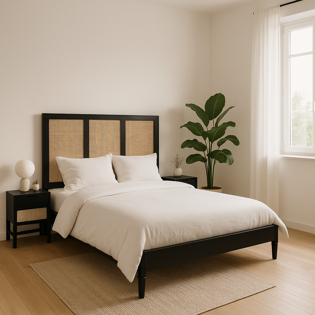 Life style image of a handcrafted Indian bed Govinh in mango wood with black rattan panels, artisanal bedroom furniture, 180 × 200 cm.