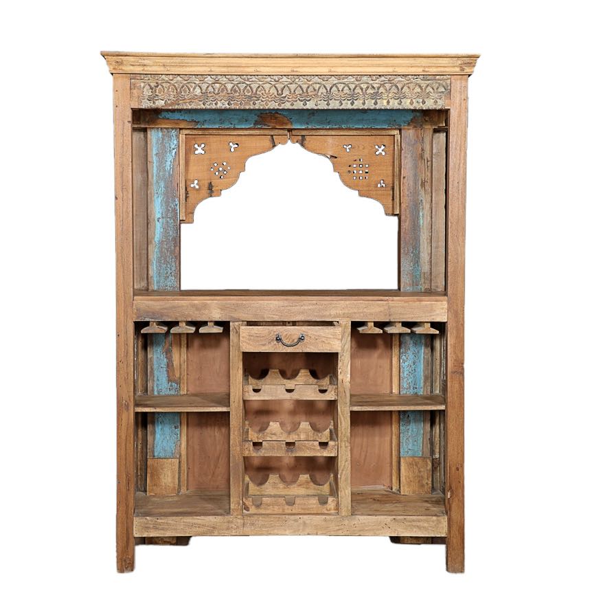 White background image of the back of a vintage bar made of reclaimed antique teak wood with hand-carved detailing, unique wooden furniture with storage, 160 × 60 × 213 cm.