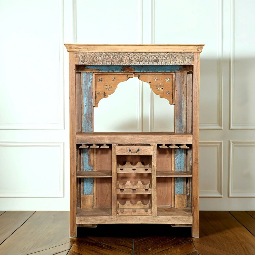 Back view image of a vintage bar made of reclaimed antique teak wood with hand-carved detailing, unique wooden furniture with storage, 160 × 60 × 213 cm.