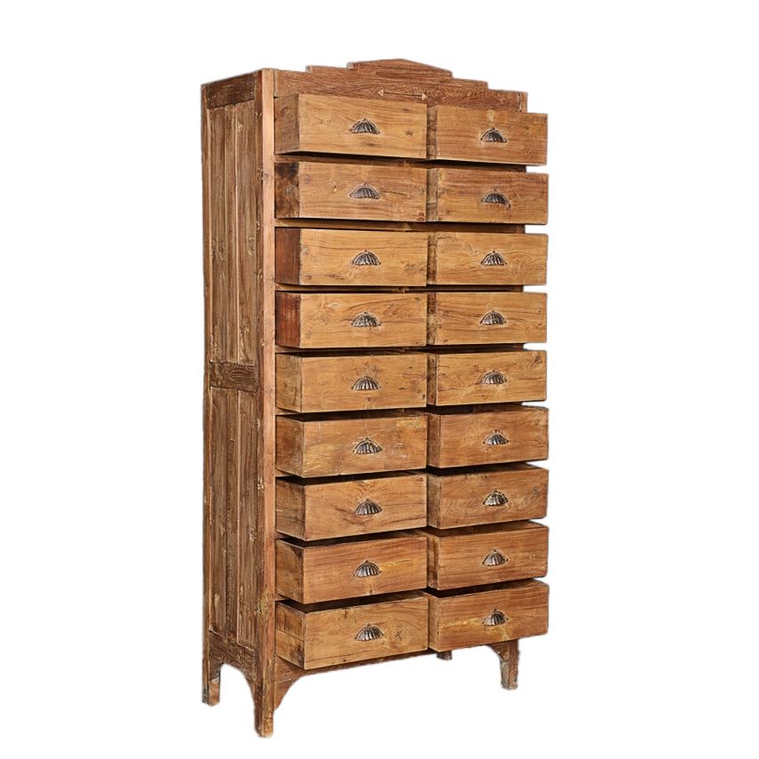 Side angle image with open drawers of a tall teak wood furniture chest of drawers with 18 drawers and iron handles, in natural teak finish, 88 × 190 × 40 cm