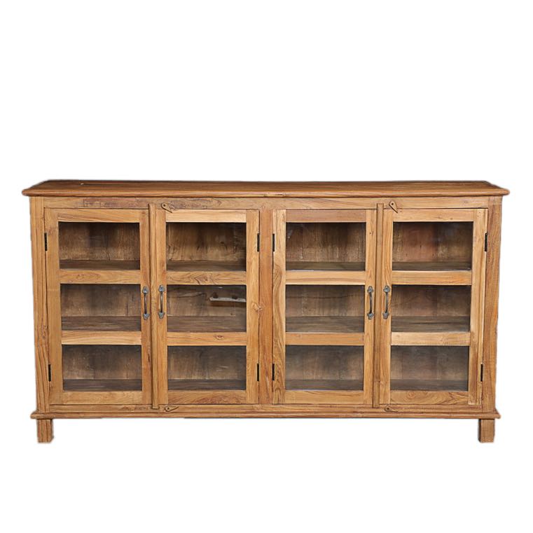 White background image of a recycled teak wood showcase sideboard with four glass-framed doors and six compartments – sustainable teak wood furniture offering timeless design and eco-conscious storage.