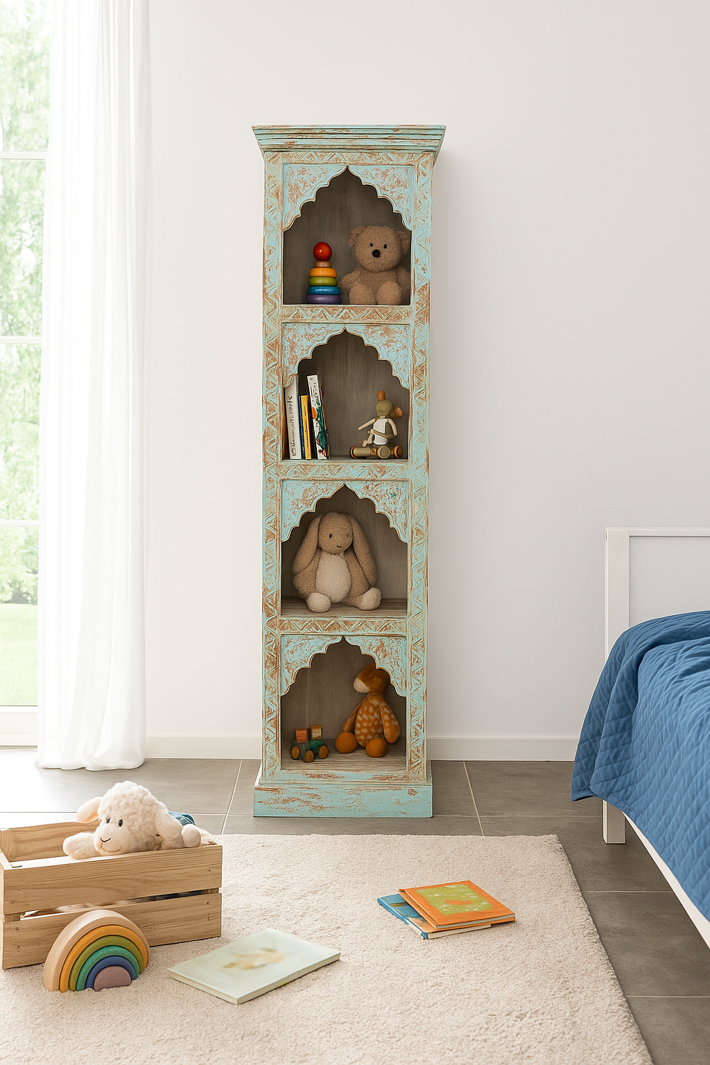 Lifestyle image of a hand-carved mango wood bookshelf with oriental detailing and natural wood finish – carved wooden furniture and vertical shelving for refined, rustic interiors.