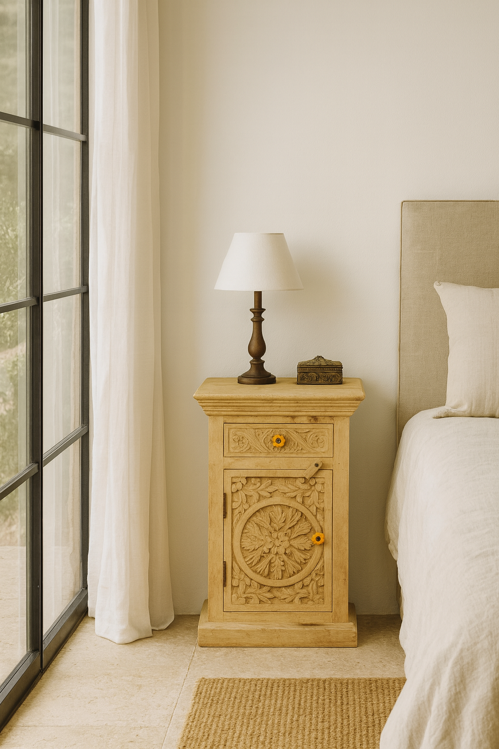 Lifestyle image of a pair of hand-carved nightstands made of sandblasted mango wood with floral Mediterranean patterns and one drawer – Hriday bedside tables by Om Home & Garden