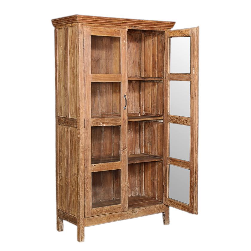 Side angle image with open doors of a recycled teak wood showcase with four glass-framed doors and internal storage – sustainable teak wood furniture combining timeless elegance and eco-friendly craftsmanship.
