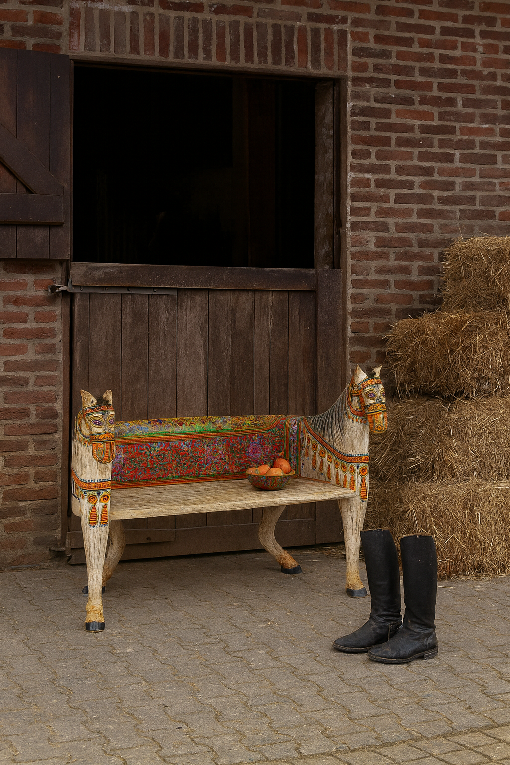 Lifestyle imagination of a hand-painted reclaimed wood chair-style horse bench with double carvings; unique furniture for a bohemian interior, 160 × 70 × 90 cm.