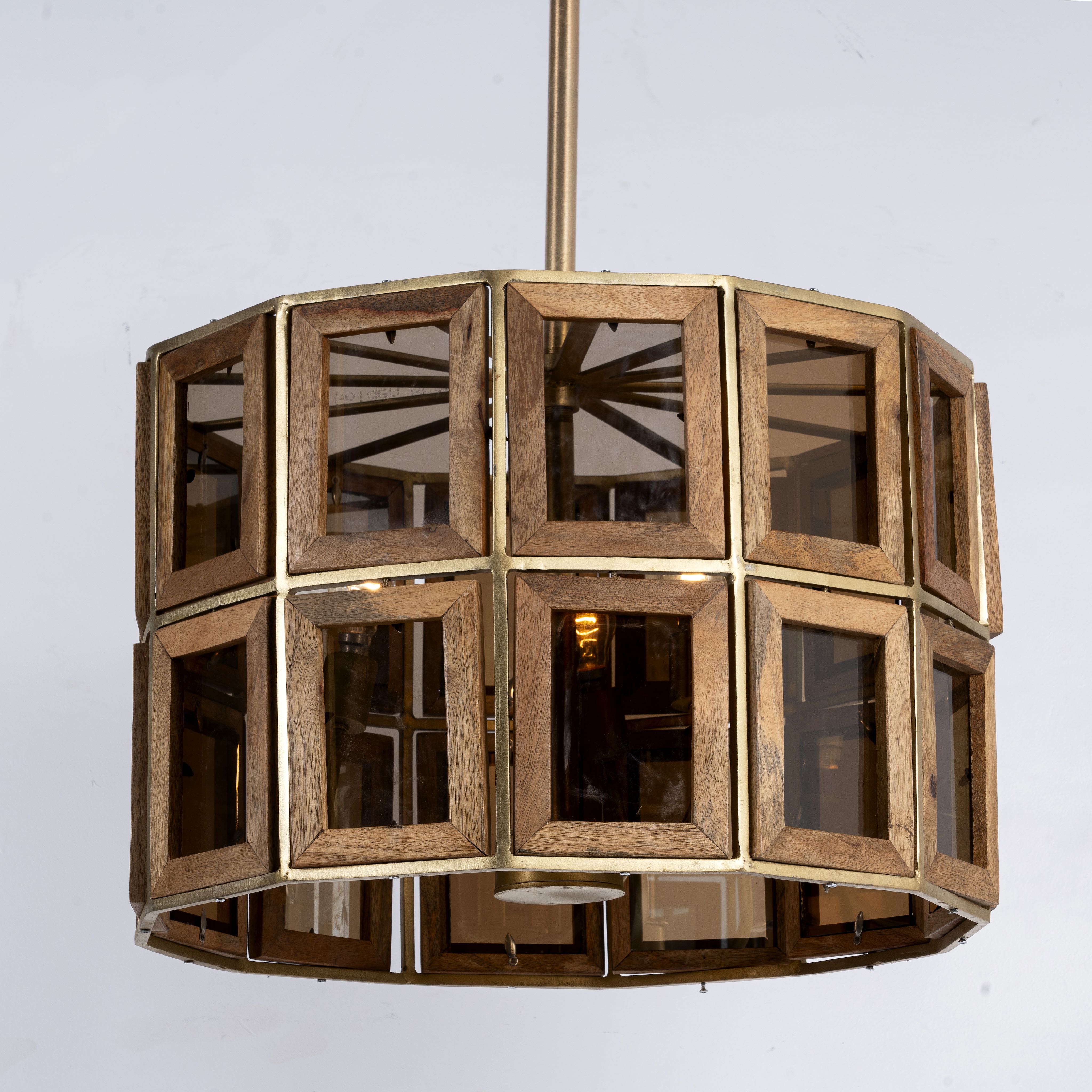 Octagon-shaped wooden pendant lamp with antique brass accents – handcrafted wooden lamp for industrial style lighting in dining or living spaces.