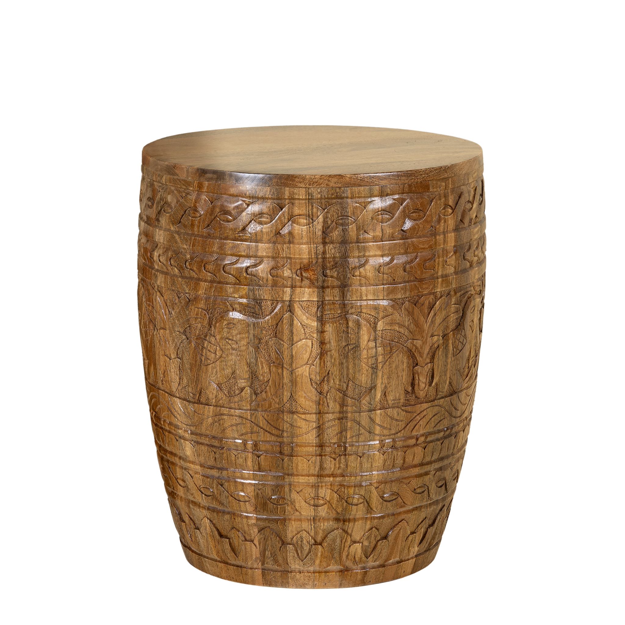 White background image of a hand-carved mango wood coffee table with barrel shape and warm rustic finish; vintage style coffee table, 45 cm diameter, 55 cm height.
