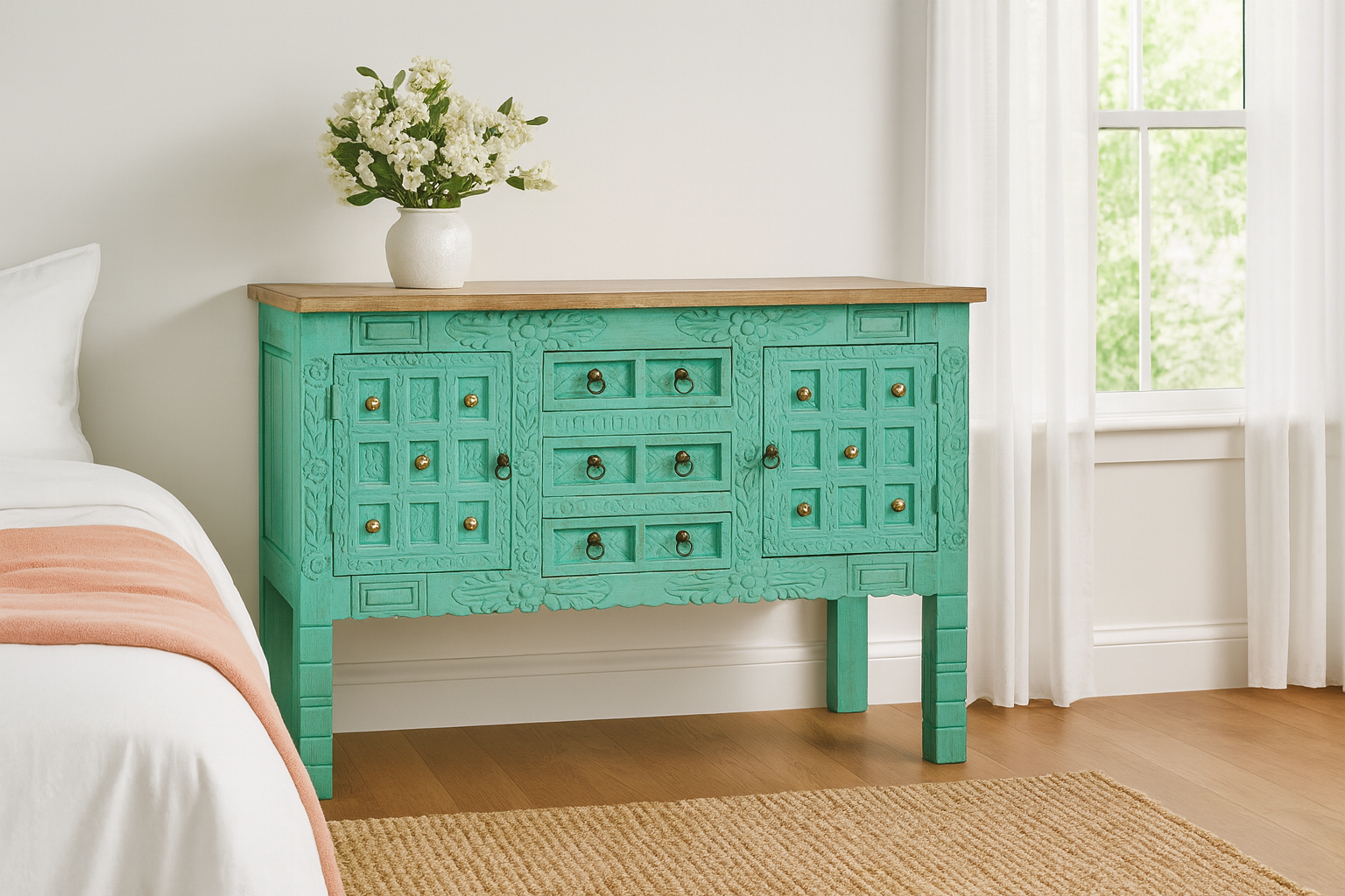 Lifestyle imagination of a green storage console table with carved mango wood doors and brass details; mango wood console table, 130 × 100 × 40 cm.