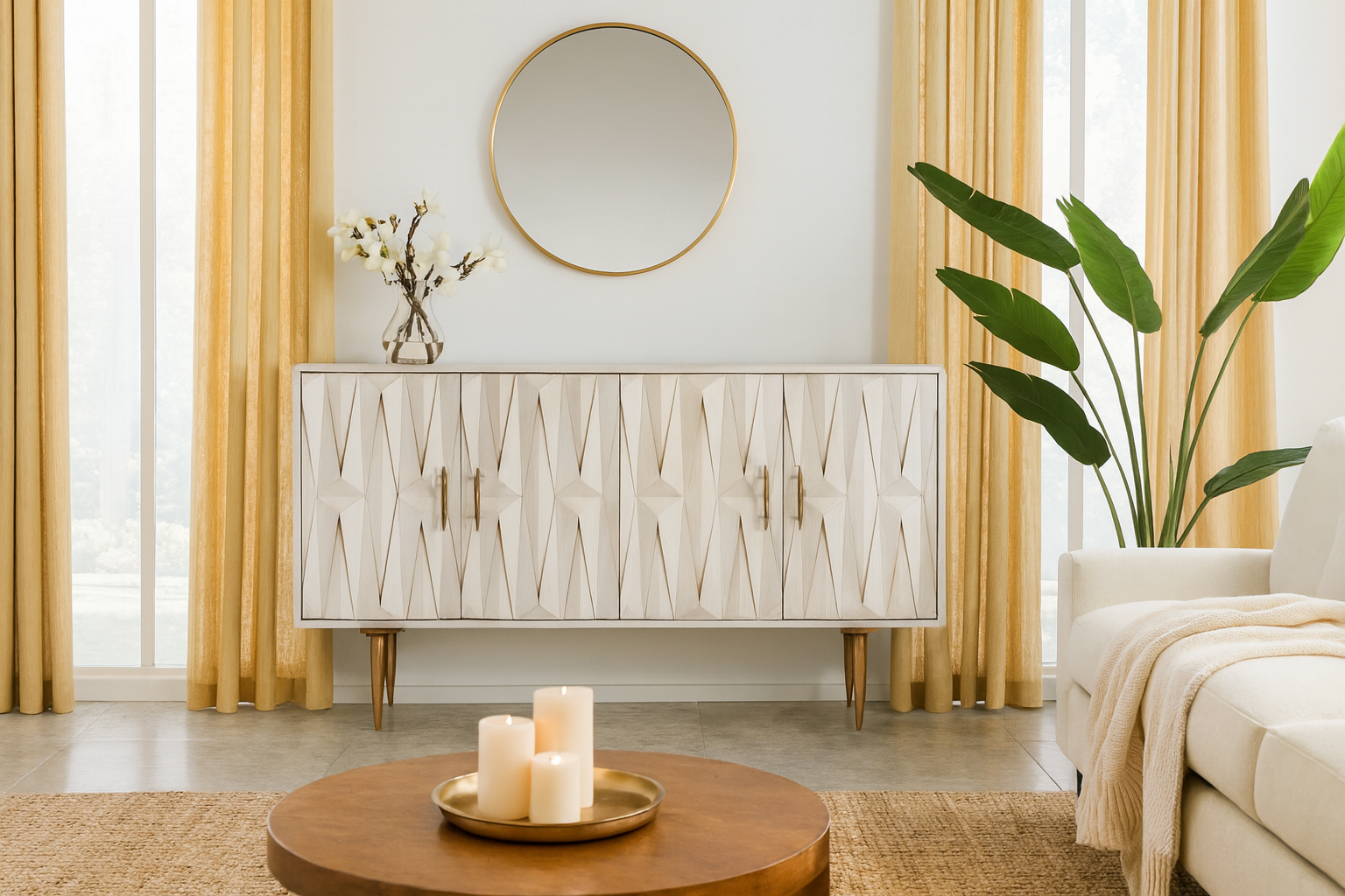 Lifestyle imagination of a whitewashed mango wood sideboard with raised criss-cross design, four doors, and silver metal legs—elegant living room furniture with modern rustic appeal.