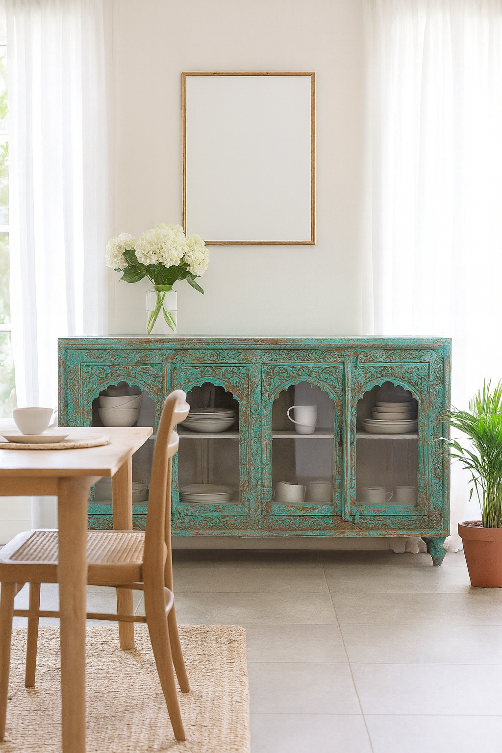 Lifestyle image of a Jesar handcrafted turquoise-washed carved wooden sideboard with Indian motifs and open compartments; ideal as living room furniture or carved showcase, 180 × 100 × 40 cm.