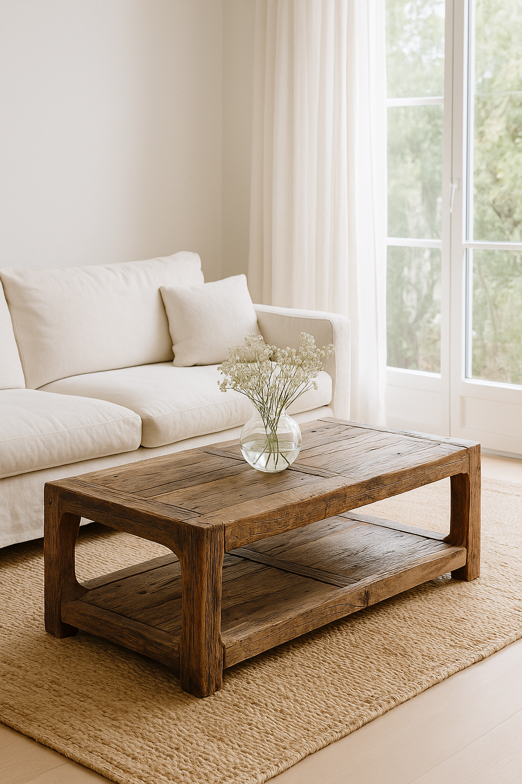 Lifestyle imagination of a driftwood coffee table made from reclaimed wood with rustic finish and open lower shelf; sustainable furniture, 120 × 60 × 40 cm.