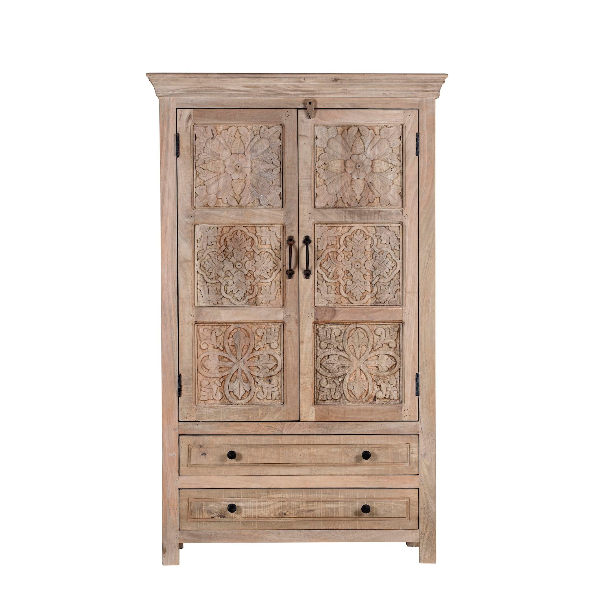 White background picture of a hand-carved mango wood cabinet with floral and geometric detailing – carved wooden furniture and elegant bedroom storage by Om Home & Garden.