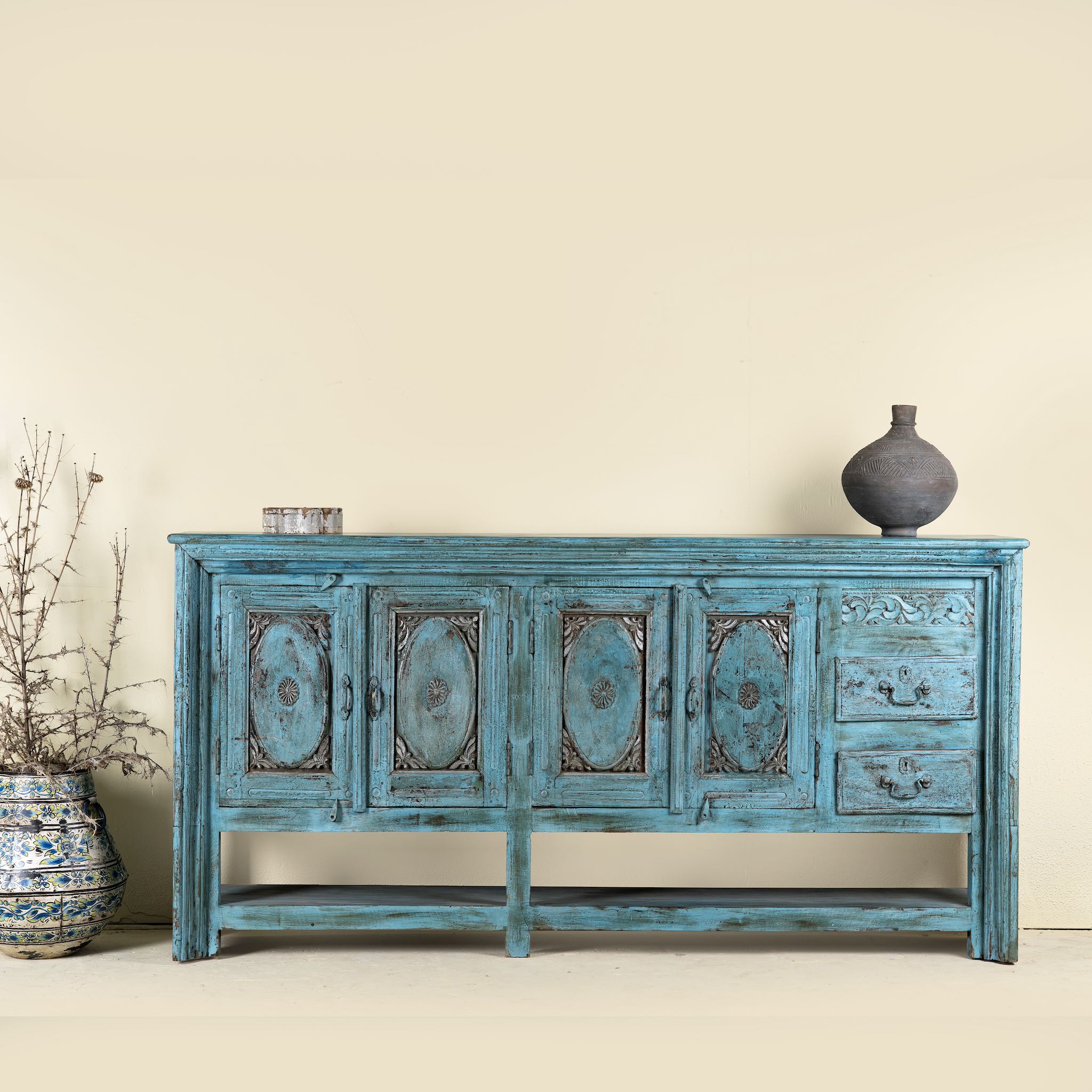 Kalpana antique console table wood with turquoise patina, part of our teakwood tables collection.