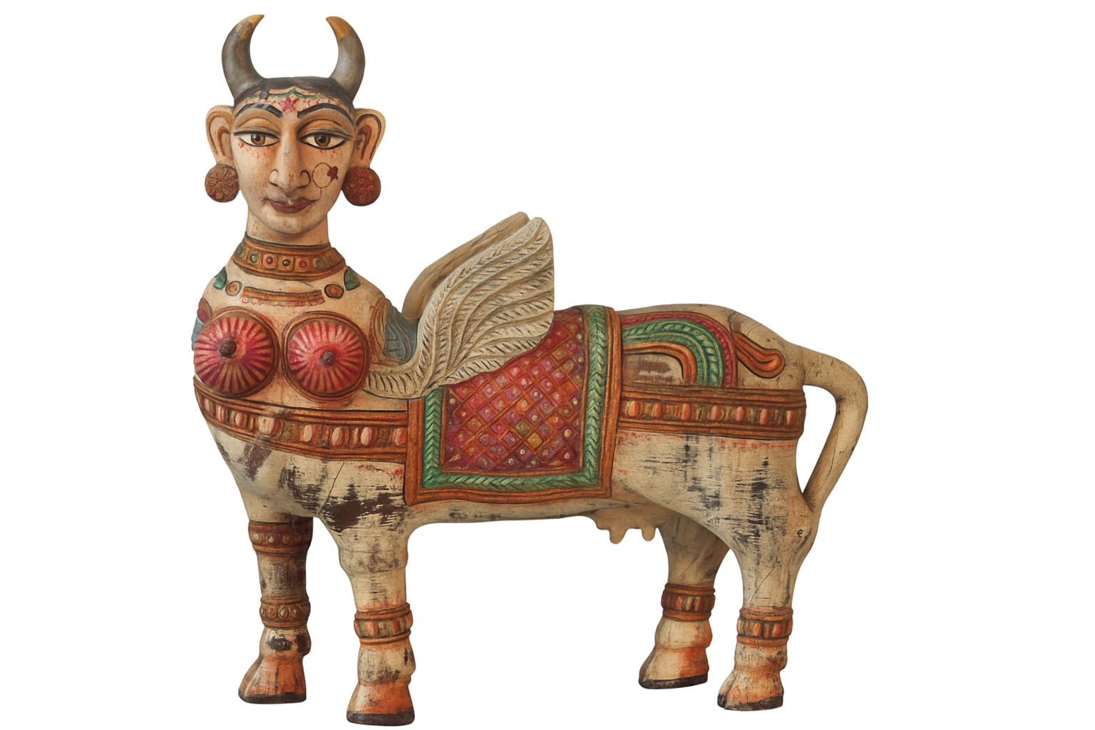 White background image of a hand-carved Kamadhenu Indian wooden sculpture made from recycled teak – artistic Indian home accessory with painted detail, 70x40x20cm.