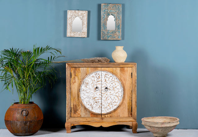 Carved wood furniture cabinet made from mango wood with floral detailing and whitewashed finish, 90 × 90 × 40 cm.