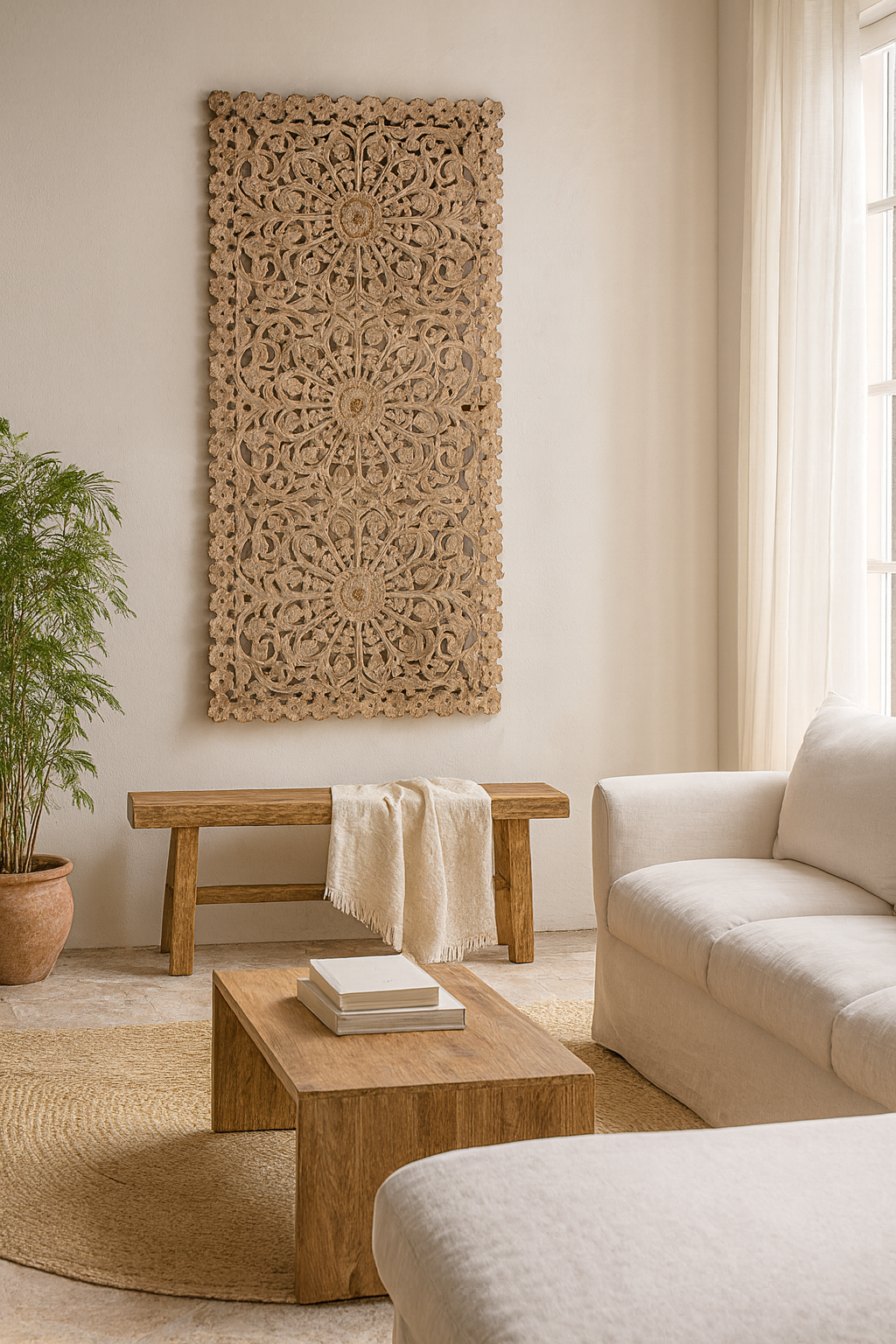 Lifestyle scene with a hand-carved whitewashed mango wood wall panel with floral design – Kataee model by Om Home & Garden