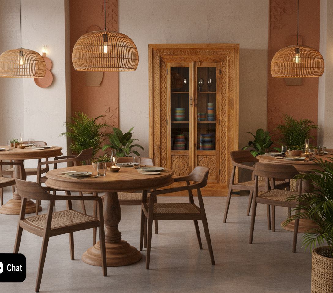 Lifestyle imagination of a of a hand carved display cabinet made from natural mango wood with floral detailing and glass-panelled doors; 180 × 110 × 40 cm.