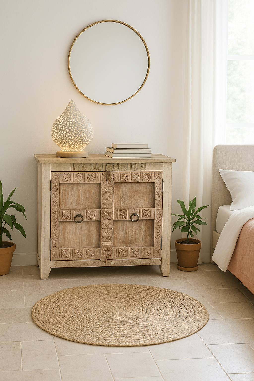 Lifestyle imagination of a whitewashed reclaimed teak sideboard in Ibiza style, featuring sandblasted old wood surfaces and rustic design; 112 × 90 × 50 cm.