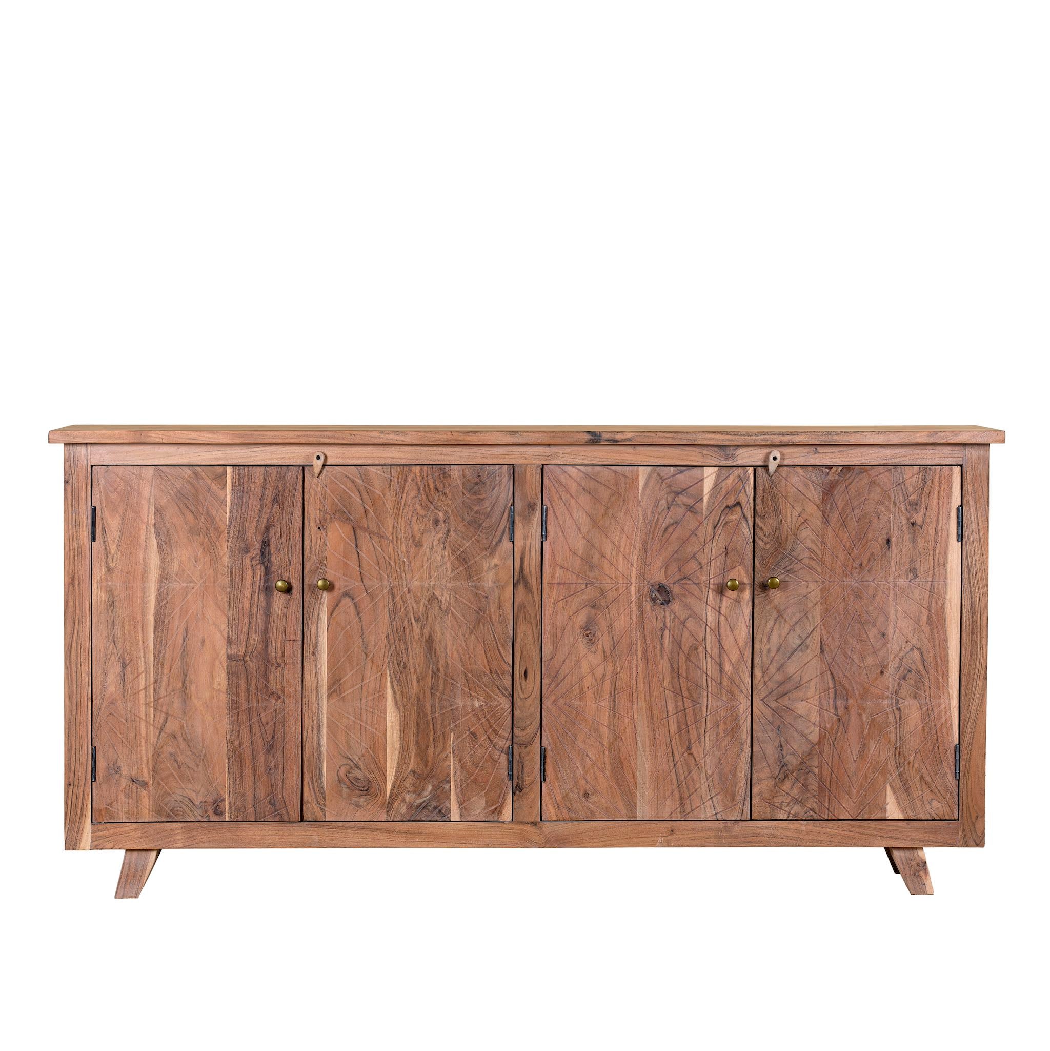 White background picture of a sideboard with modern appeal made of acacia wood with brass fitted doorknobs and 4 doors.