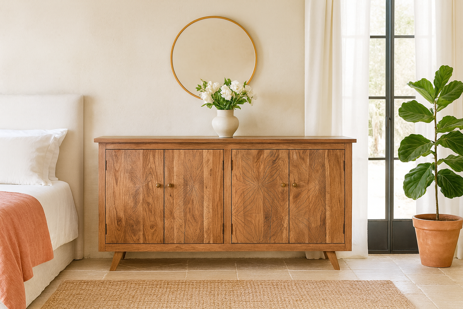 Lifestyle imagination of a sideboard with modern appeal made of acacia wood with brass fitted doorknobs and 4 doors.